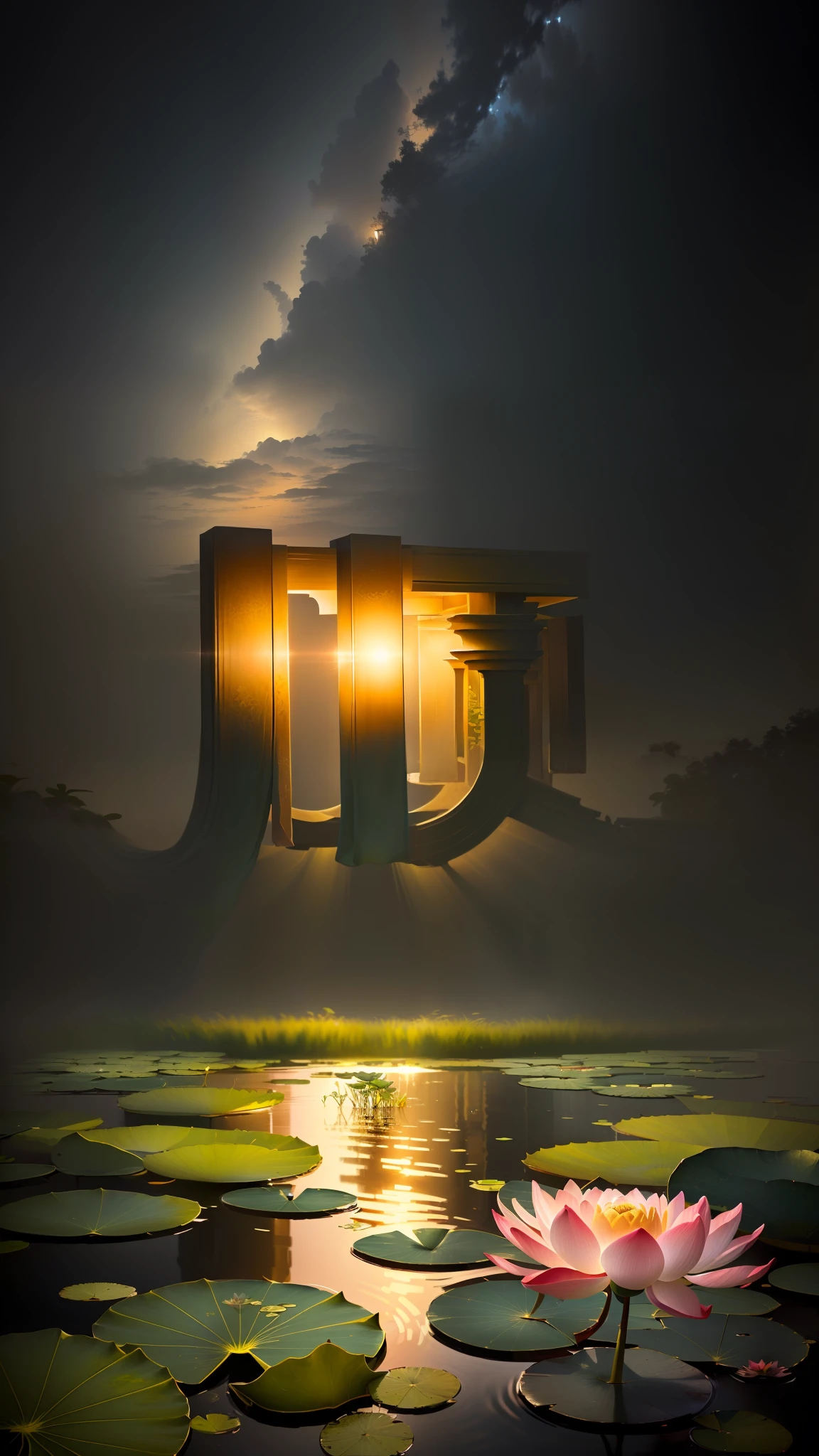 A masterpiece, exquisite. Deep in the lotus pond, there are a few lotus leaves in the pond. Lotus leaf texture is clear, night, frog, lotus