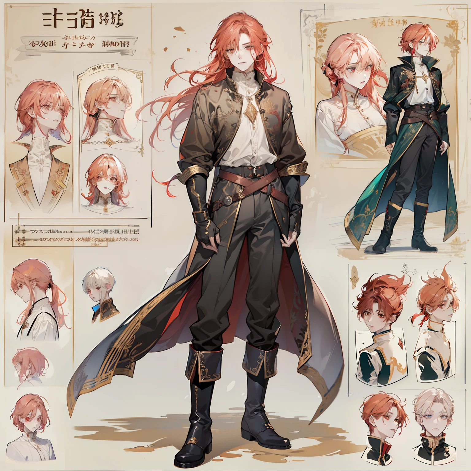 1 boy, solo, peach hair, light red-haired guy, straight hair, flowing straight hair, red eyes, shirt, high boots, dark clothing, dark clothes, Scandinavia theme, Scandinavian clothes, looking at viewer, fantasy art, beautiful painting, guwaika style, epic exquisite character art, stunning characters, man, lean (reference sheet:1.5)