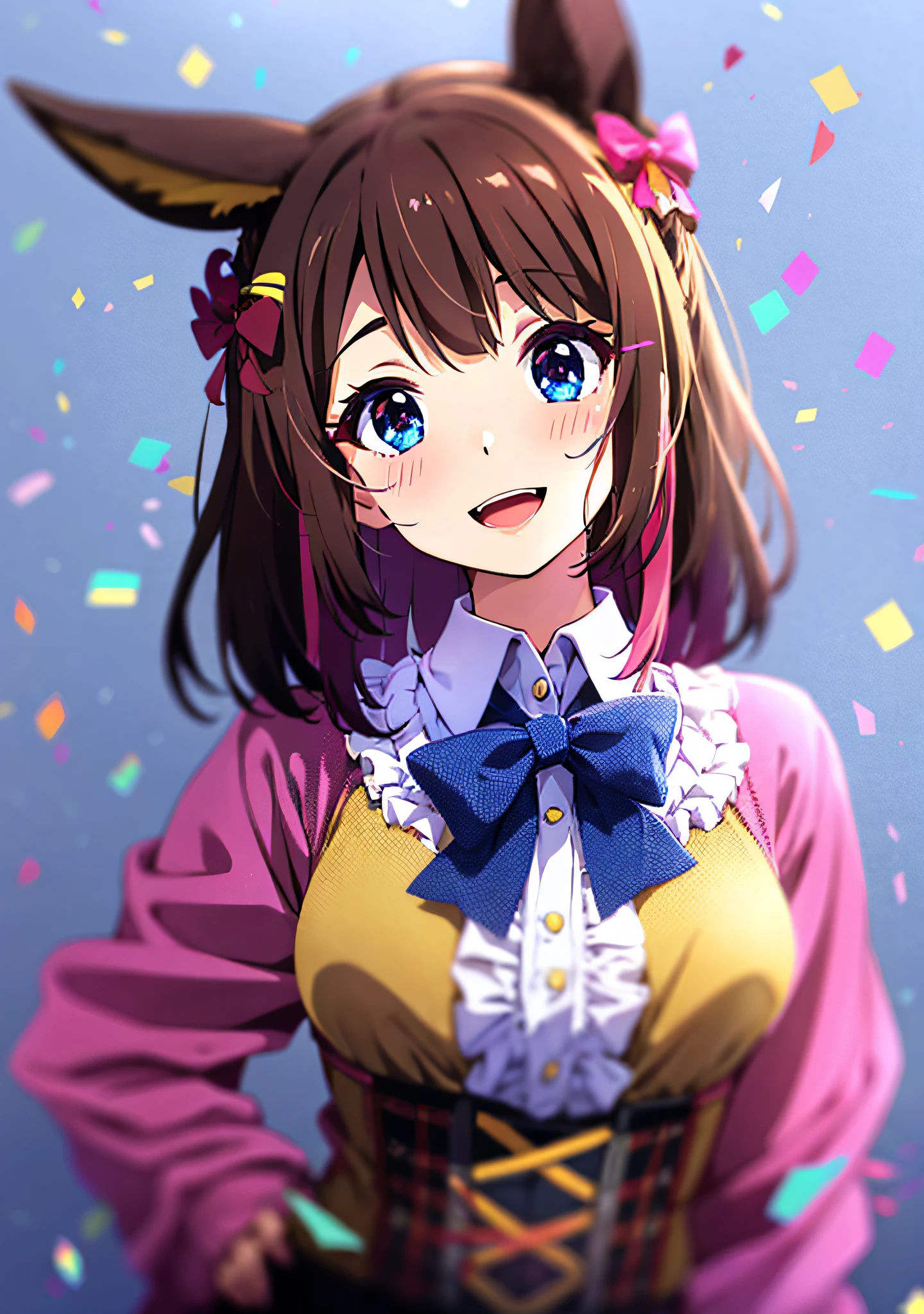 1girll, Animal ears, birthday, Blue background, A blue headdress, Blurry, blurryforeground, Blush, bow, neck bowtie, Breasts, Brown hair, centerfrills, Collared shirt, Confetti, Corset, Ears with tiara, facingviewer, frilld, hair adornments, hair pin, Hand up, Hat, Horse Ears, Long sleeves, Medium hair, multicolored hair, Open mouth, shirt, Small breasts, Smile, Solo, Striped hair, Streamers, string of flags, Upper body, White shirt