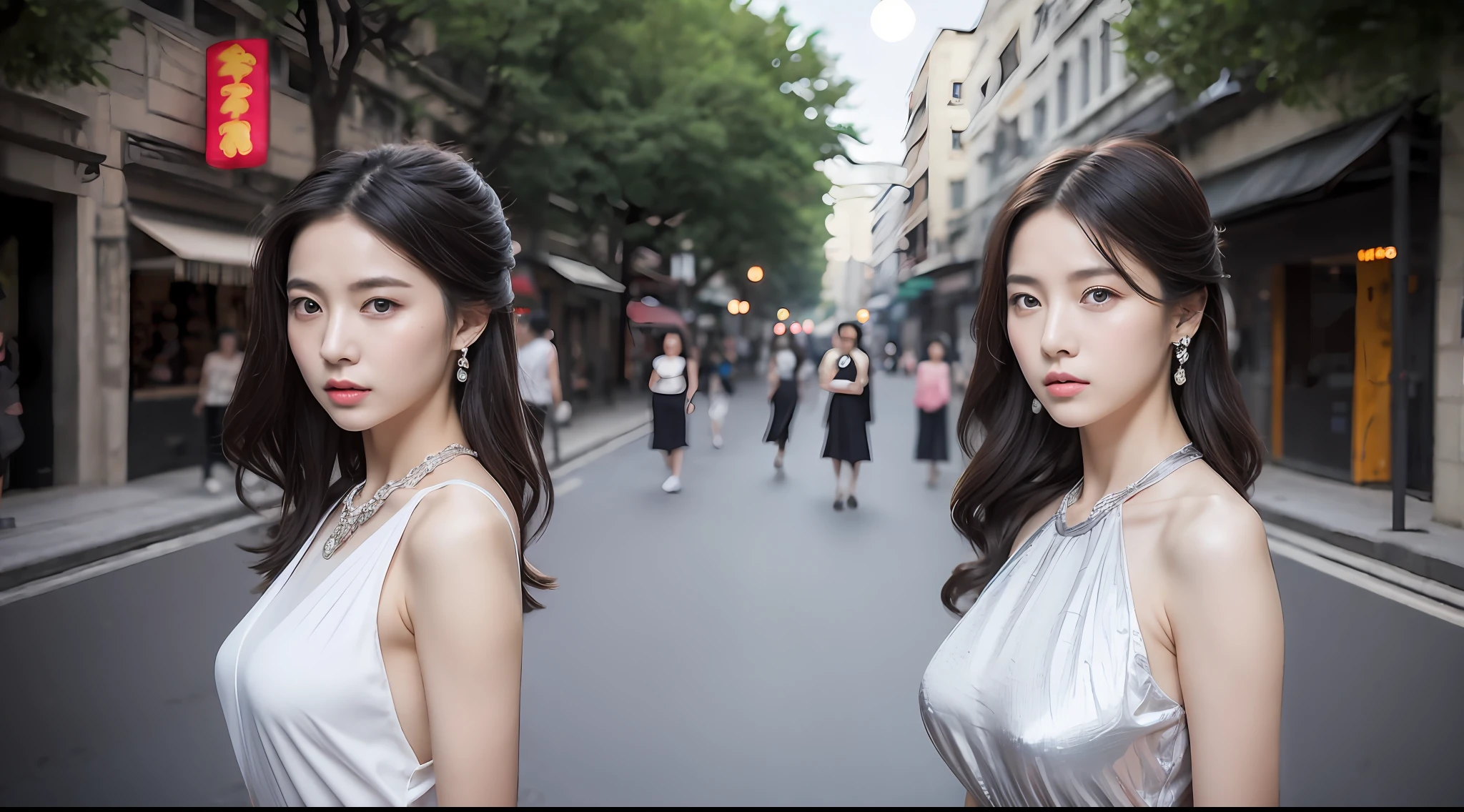 Masterpiece, Best quality, Night, full moon, 1 girl, Mature woman, Chinese style, Ancient China, sister, Royal Sister, Cold expression, Expressionless face, Silver white long haired woman, Light pink lips, calm, Intellectual, tribelt, Gray pupils, assassins, short knife, flower ball background, Stroll through the street view，huge tit，blush，