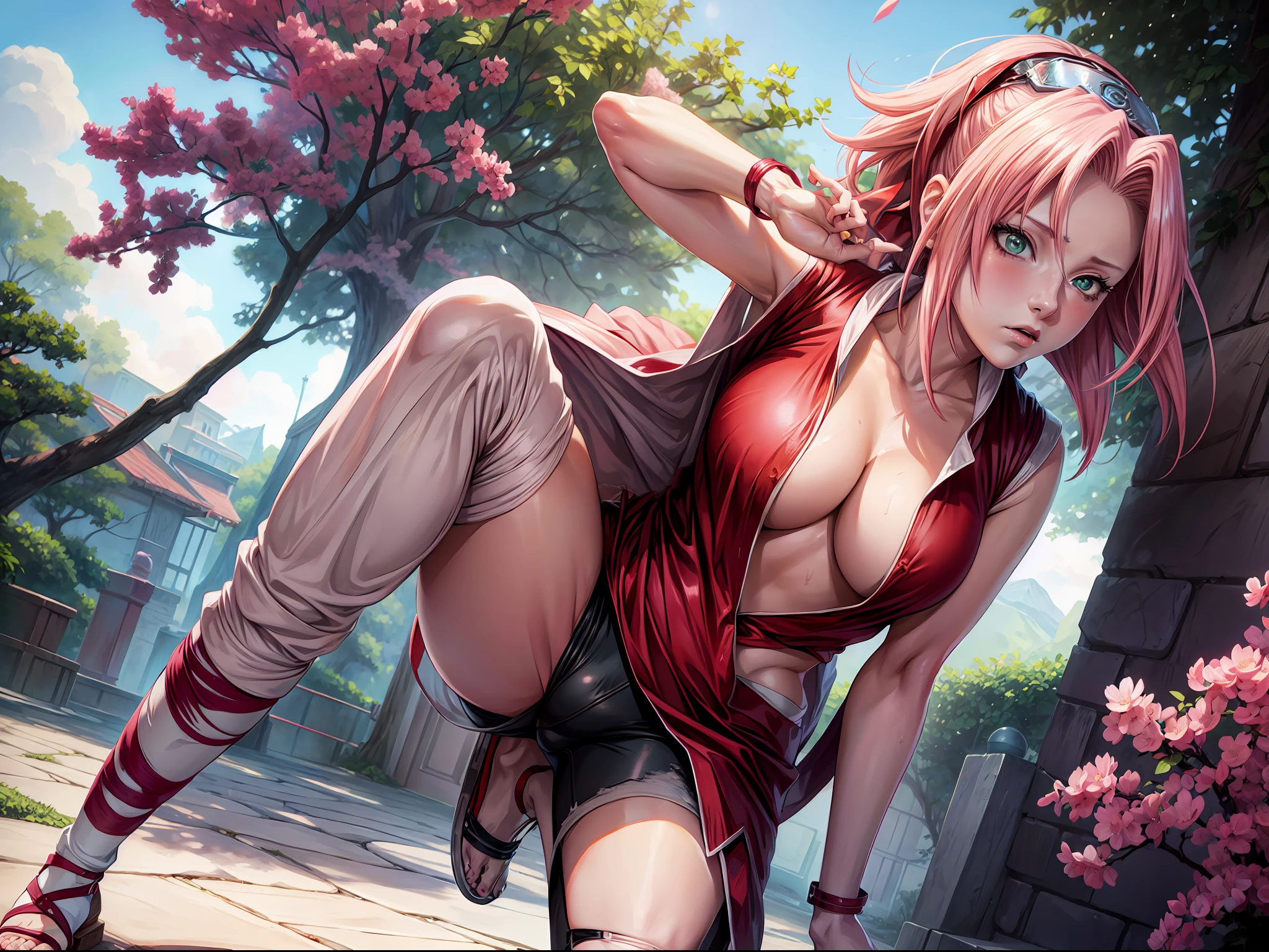 Sakura haruno, anime Naruto shippuden, Showing her breasts, showing her pussy, (( 1 girl)), park, holding her breasts, wet  , red sleeveless shirt, pants lowered to the knees, , naked