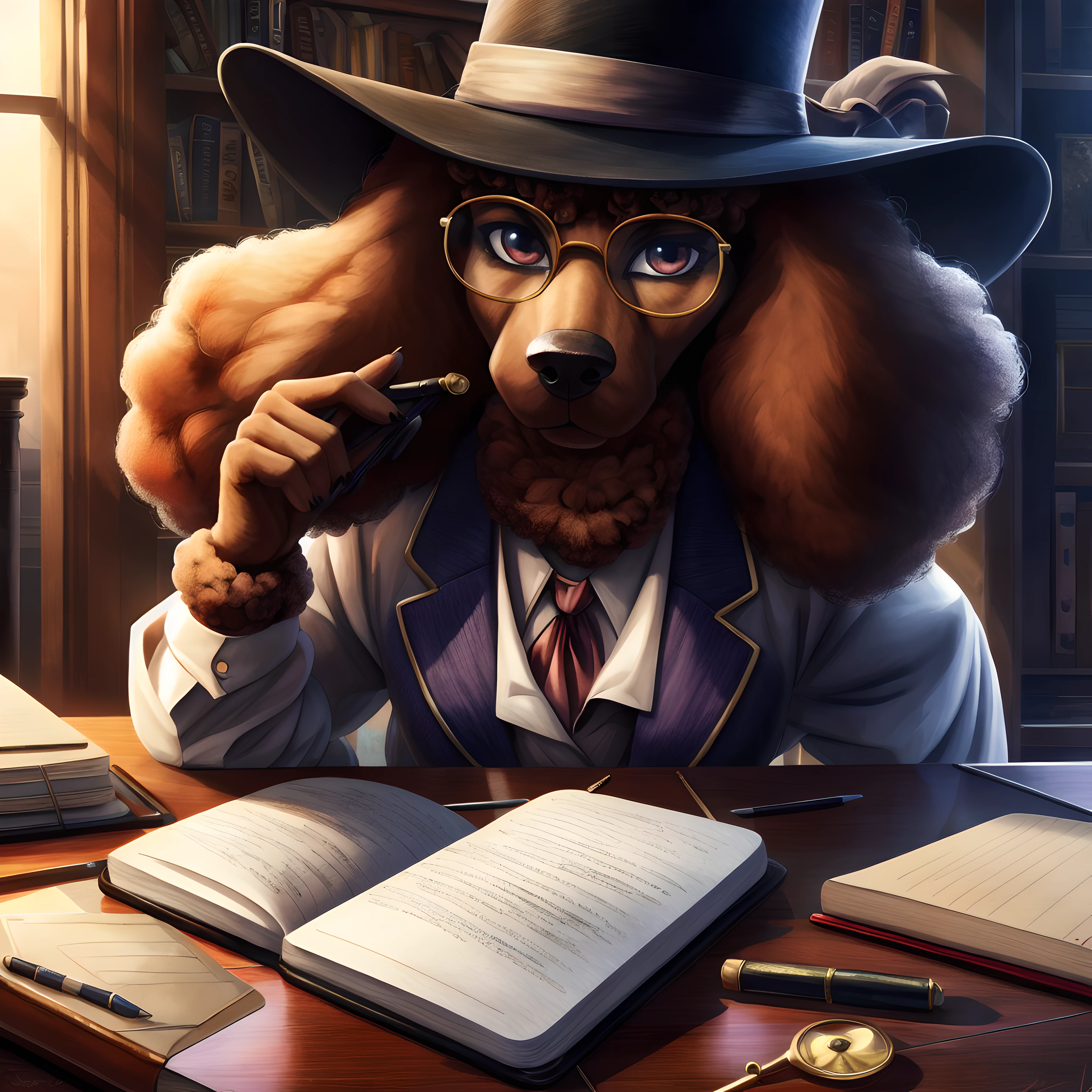 Poodle personification, A detailed detective, Stylish detective hat, Detective glasses, notebook, Mystery Novel Background, masterpiece, ultra-definition, extremely high details, extremely high quality, The ultra-Highres, 8k, HDR, Same focus, fine art, Creative, Sharpen every detail, perfect anatomia,