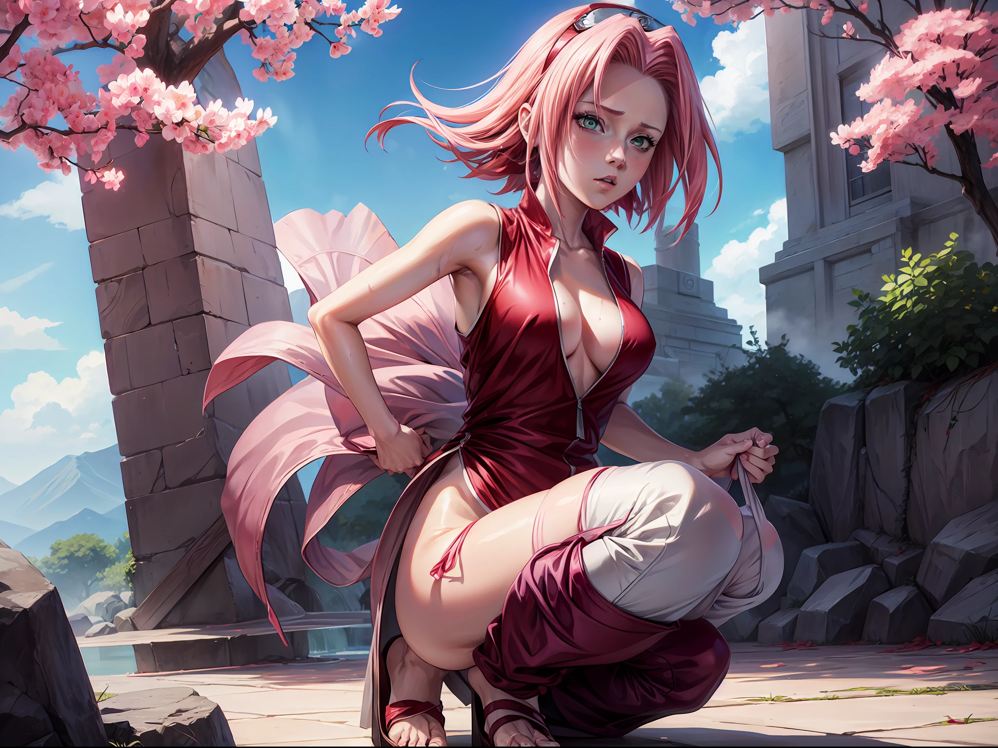 Sakura haruno, anime Naruto shippuden, Showing her breasts, showing her pussy, (( 1 girl)), park, holding her breasts, wet  , red sleeveless shirt, pants lowered to the knees, , naked