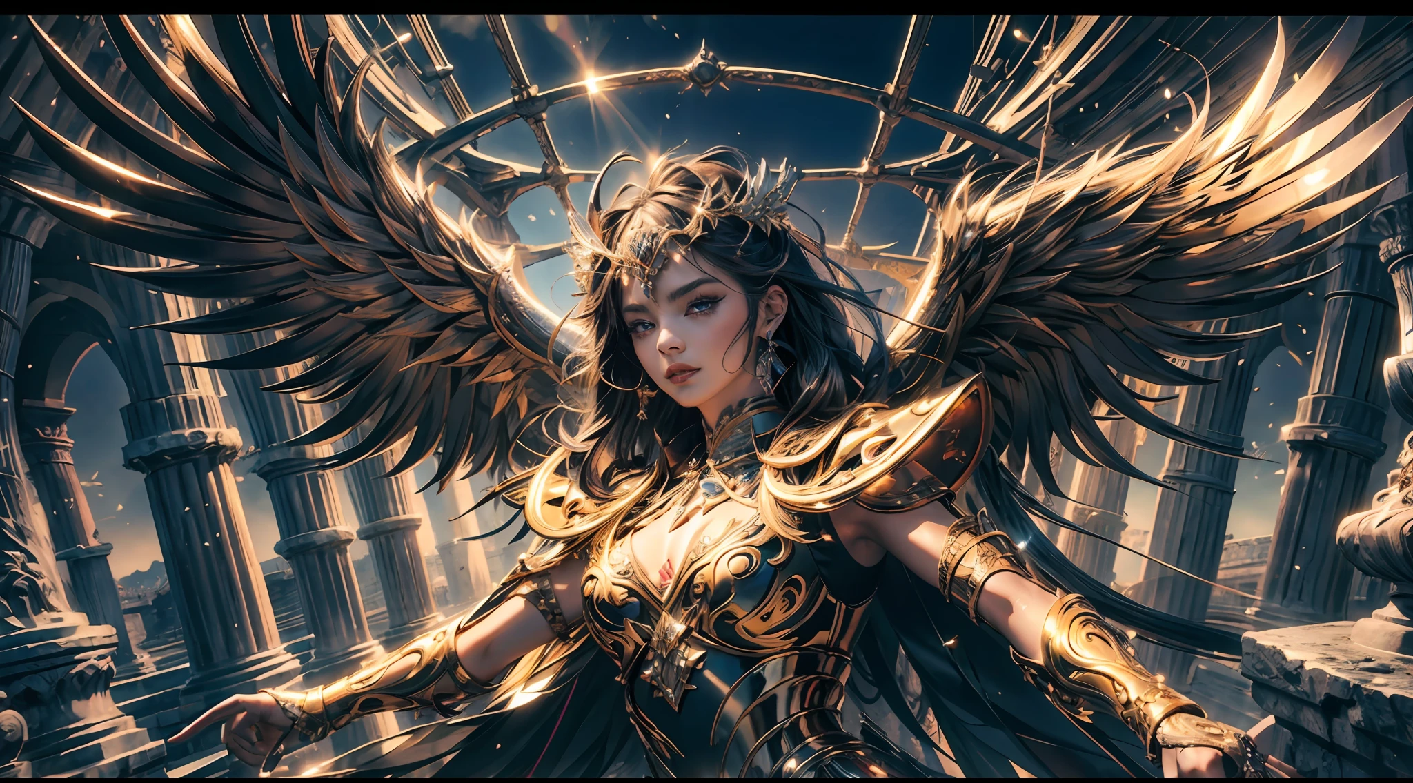 offcial art,统一 8k 壁纸,ultra - detailed,Beauty and aesthetics,high high quality,Valkyrie,tmasterpiece,Best quality at best,(zentangle,datura,Tangles,entangled:0.6),Greek temple,Large breasts,Heavy armor,complex patterns,Fighting posture,dramatics,Photorealistic, Super detail, Masterpiece, Best quality, A high resolution, 8K,Metal wings