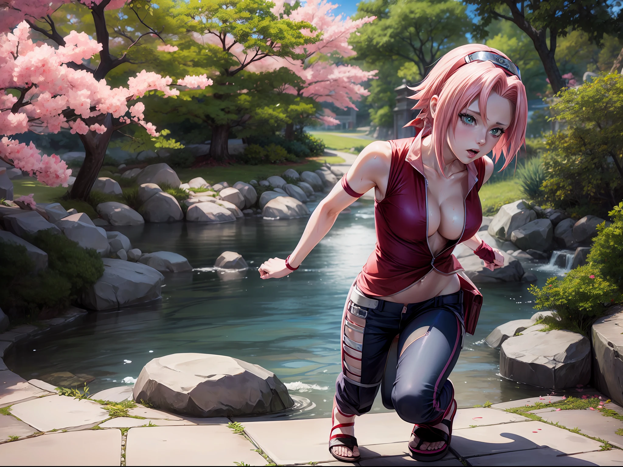 Sakura haruno, anime Naruto shippuden, Showing her breasts, showing her pussy, (( 1 girl)), park, holding her breasts, wet  , red sleeveless shirt, pants lowered to the knees, , naked