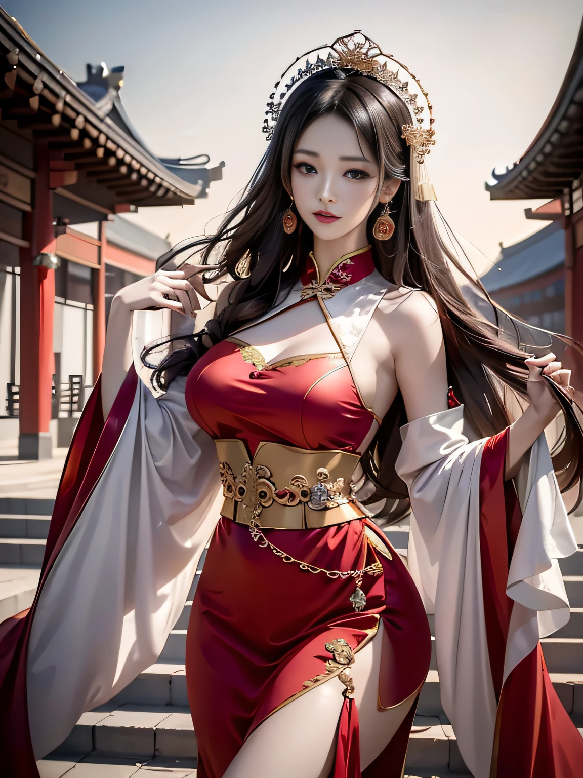 (8k, RAW Photo, Best Quality, Masterpiece: 1.2), (Realistic, Realistic: 1.37), 1 Girl, Aalfi Woman Posing for Photo in Red Dress and Headdress, Gorgeous Role Play, Beautiful Costume, Complex Fantasy Dress, Beautiful Fantasy Queen, Chinese Dress, Complex Dress, Complex Costume, Traditional Beauty, Gorgeous Chinese Model, Chinese Costume, Inspired by Lan Ying, Wearing Gorgeous Costume, Inspired by Puhua, wearing elegant Chinese Xiuhe dress, Chinese wedding dress, Phoenix crown Xia hand, antique bride