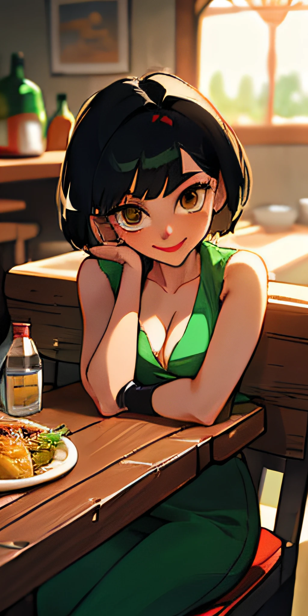 (masterpiece, best quality), 1girl, beauty pale skin girl in a green mayan suit, collarbone, black hair, looking at viewer, blurry, upper body, sunlight, wooden table, food, restaurant, 1girl, solo, bowls of mexican food, girl at the left side, table on right side, elbows rest on table, brown eyes, red lipstick, delicious food, sexy girl, nude shoulder, green vest, short hair, hair above elbows, crossed arms, sensual, tequila on table, white skin, pale skin, mezcal, tacos, pozole, mexican restaurant background, bohemian, long right handed glove, nude arms, cleavage, big breats, beautiful breasts, composed background, girl sitting at table, rice, beans, meat, soup, positive, ((masterpiece)), ((best quality)), (ultra-detailed), illustration, super deformed, ((The cute female sits on a wood chair)), ((she has tequila)), ((she is very happy)), fantasy, beautiful black hair, beautiful brown eyes, short hair, old tavern, day, sun, (old mexican hause), (meal on the table), (view from above), (close-up of upper body )
