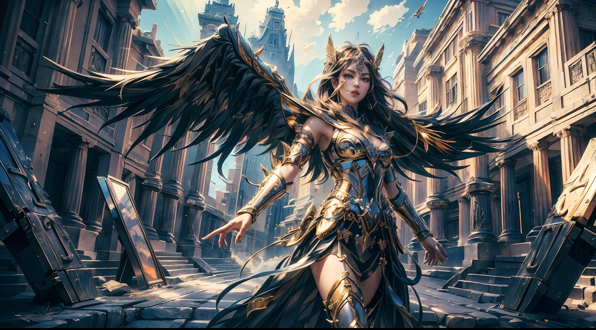 offcial art,统一 8k 壁纸,ultra - detailed,Beauty and aesthetics,high high quality,Valkyrie,tmasterpiece,Best quality at best,(zentangle,datura,Tangles,entangled:0.6),Greek temple,Large breasts,Heavy armor,complex patterns,Fighting posture,dramatics,Photorealistic, Super detail, Masterpiece, Best quality, A high resolution, 8K,Metal wings