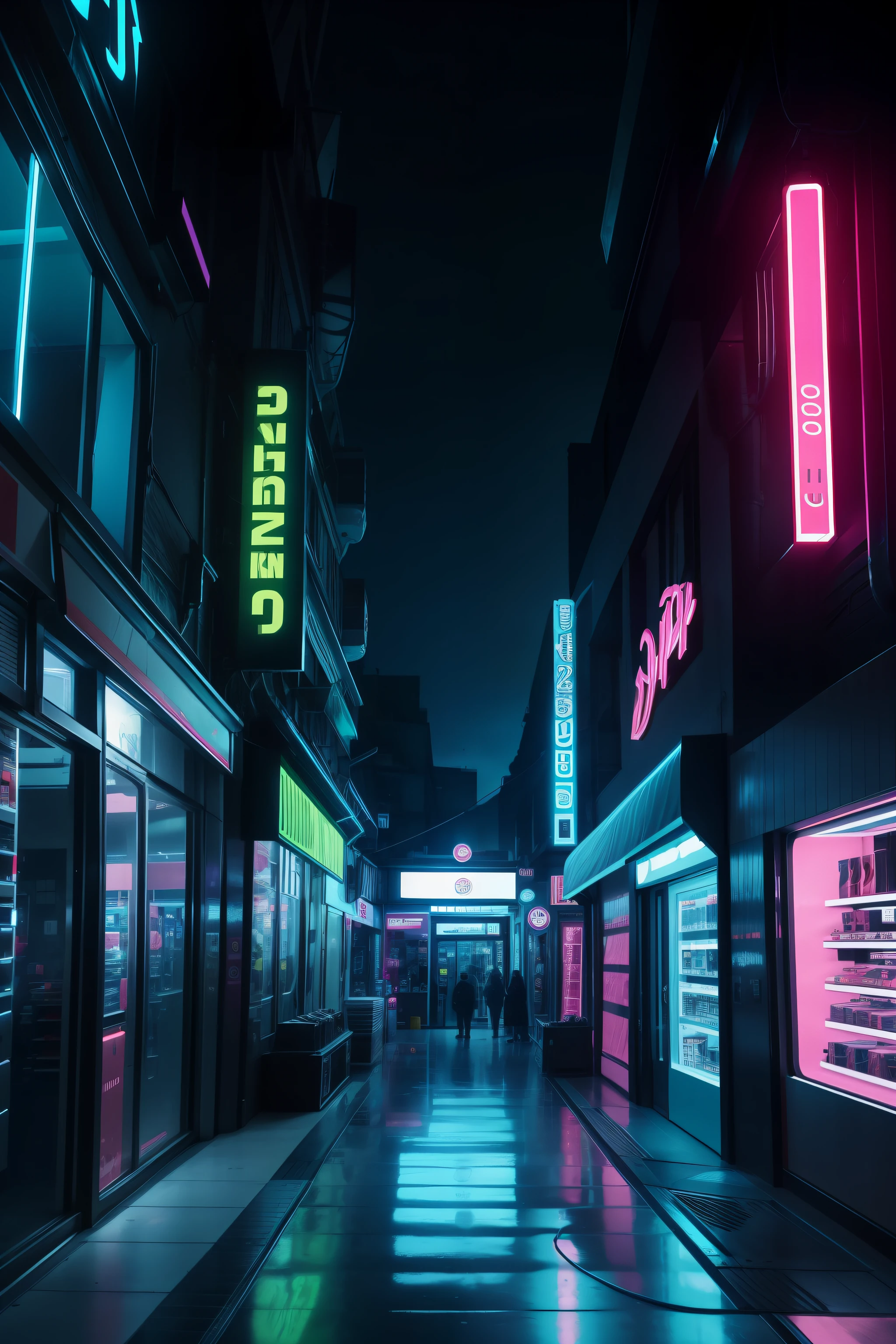 An alien shop with a strong sense of technology,The store was empty,The store sells some high-tech products,Wide viewing angle,detail-rich,k hd,The scene is dark,neonlight