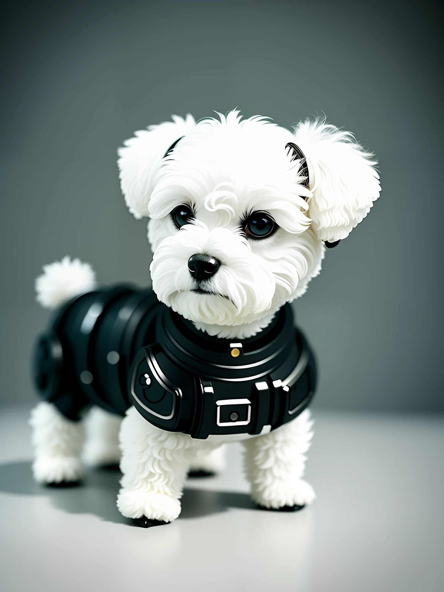 Cute little Bichon dog made of metal，Only 1 dog head，(Cyborg:1.1)，([Tail | detailed wire]:1.3)，(Complicated details)，hdr，(Complicated details，ultra - detailed:1.2)，Cinema lenses，Vignette，at centre