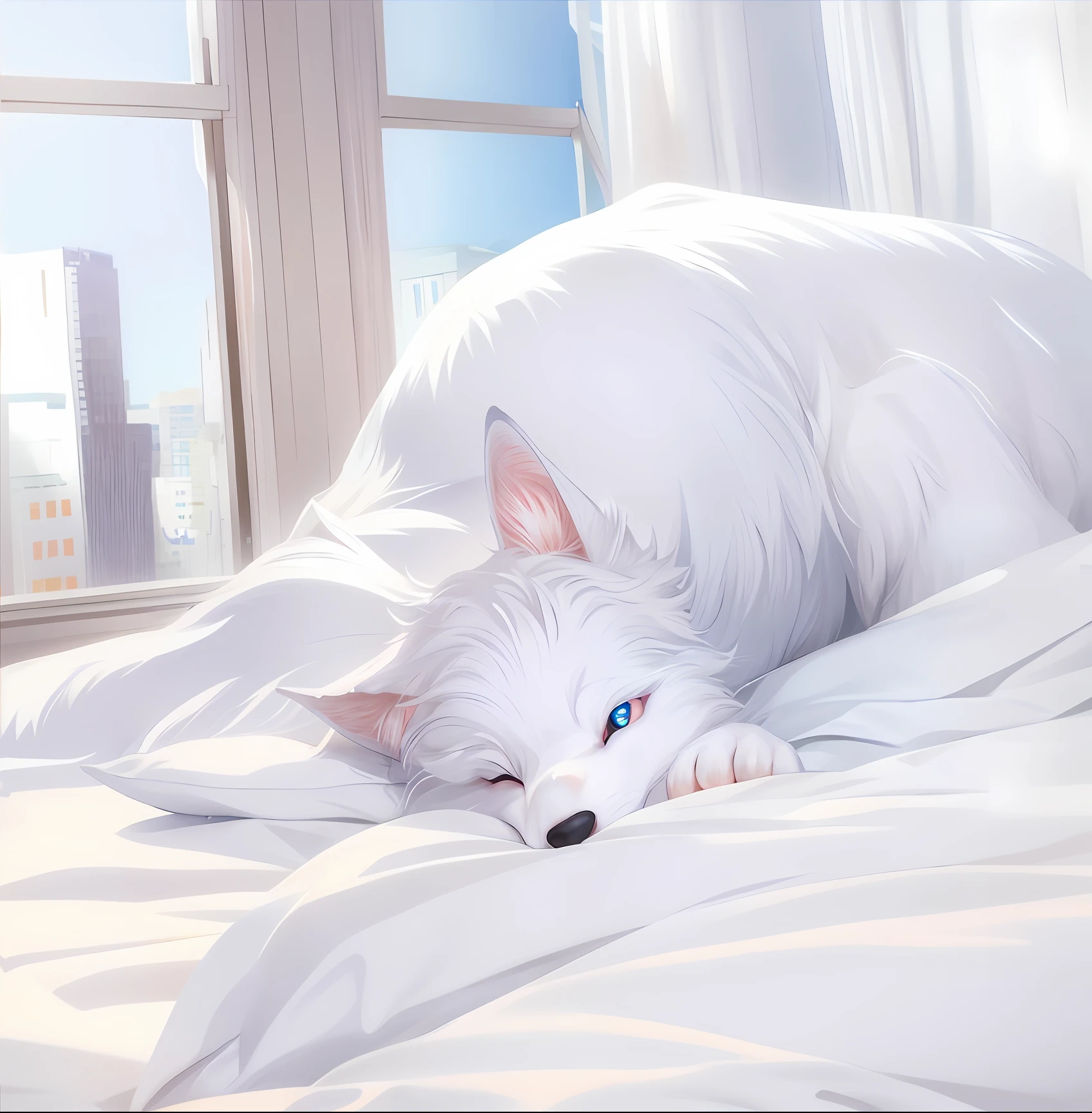 There was a white dog sleeping on a bed with a pillow, white fox anime, Soft anime illustration, Digital art on Pixiv, By Yuumei, very very beautiful furry art, White-haired fox, White fox, realistic anime style at pixiv, realistic anime cat, Photorealistic anime, realistic anime artstyle, POV furry art，Light blue eyes