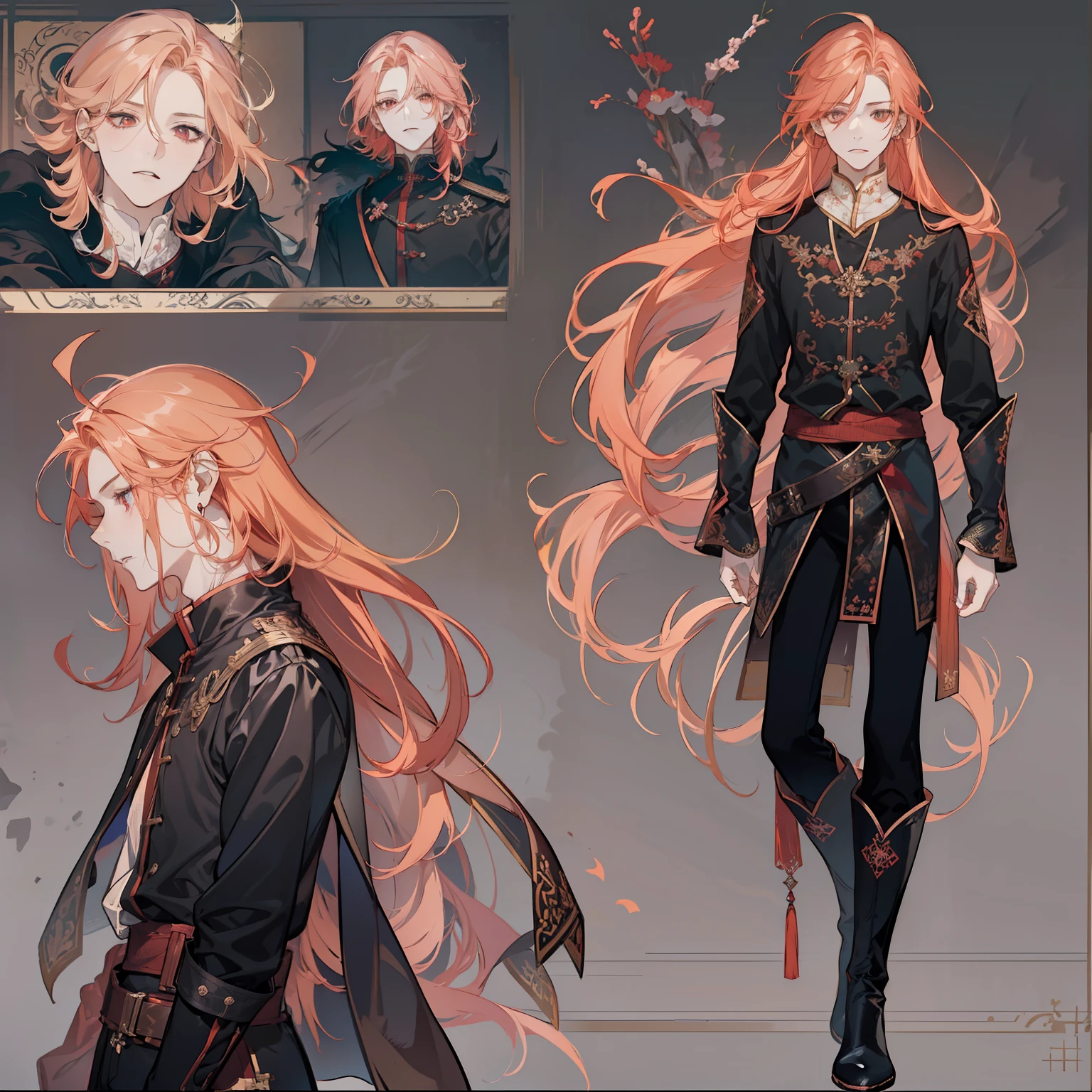 1 boy, solo, peach hair, light red-haired guy, straight hair, flowing straight hair, red eyes, shirt, high boots, dark clothing, dark clothes, Scandinavia theme, Scandinavian clothes, looking at viewer, fantasy art, beautiful painting, guwaika style, epic exquisite character art, stunning characters, man, lean (reference sheet:1.5)