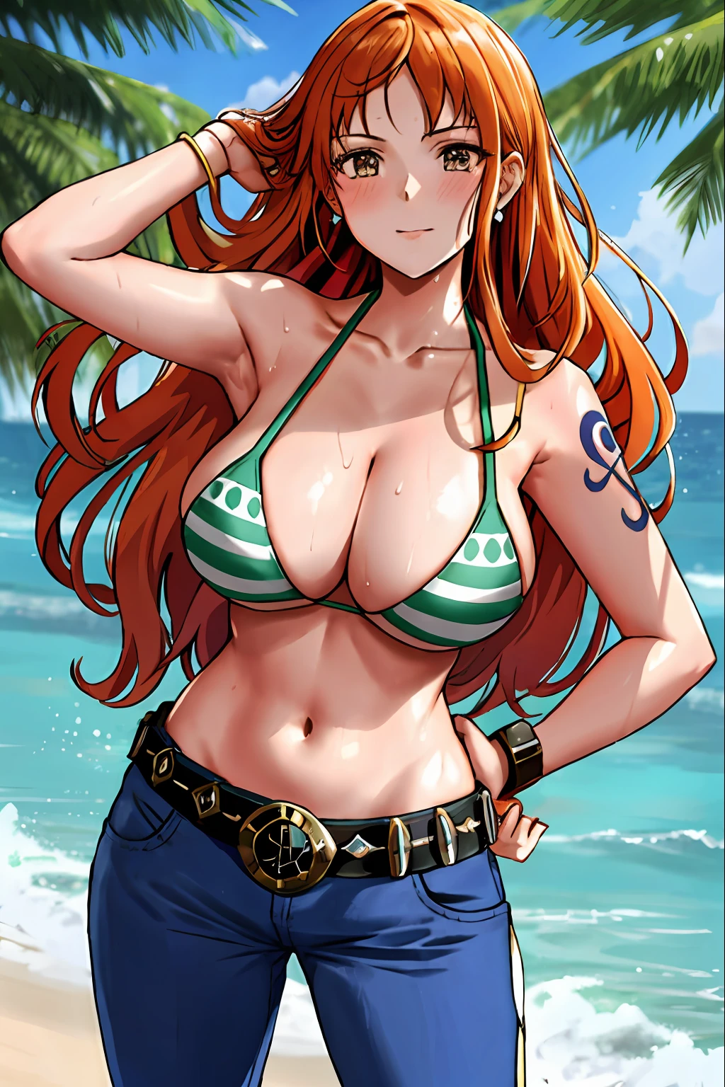 detailed background, masterpiece, 4k, epic, best quality, late youth, adult, wrestler body, strong, 1girl, active, energic, (large mouth) , solo, nami \(one piece\), 1girl, bangle, (very wet, drenched in sweat, sweat all over body, very wet hair, tired, open mouth, exhausted, shouting, sweaty face, sweaty body, sweating too much, shiny sweat, leaning, hands on hips, serious, glaring, open eyes, perfect detailed face, round face, sweat on face) bold drawing lines, muscular arms, detailed bold arm lines, flat jaw, adult woman, wavy wide streaked bangs, floating bang, (big cheeks), bare shoulders, off-shoulders, belt, bikini, bikini top only, blue sky, bracelet, springy breasts, breast lines, big round eyes, very big brown shiny eyes, bubbles, high eye position, cleavage, cloud, day, denim, earrings, floating hair, shiny hair, green belt, green bikini, bold groin lines, jeans, jewelry, medium breasts, log pose, long hair, looking at viewer, big navel, wet hair, orange hair, pants, shoulder tattoo, sidelocks, sky, solo, standing, stomach, swimsuit, tattoo , looking at viewer, open mouth, detailed left arm, big forehead, hourglass figure, small head, toned body, wide hair, wind effect, sun effect, under the sun, narrow small ears angle, older, random poses,