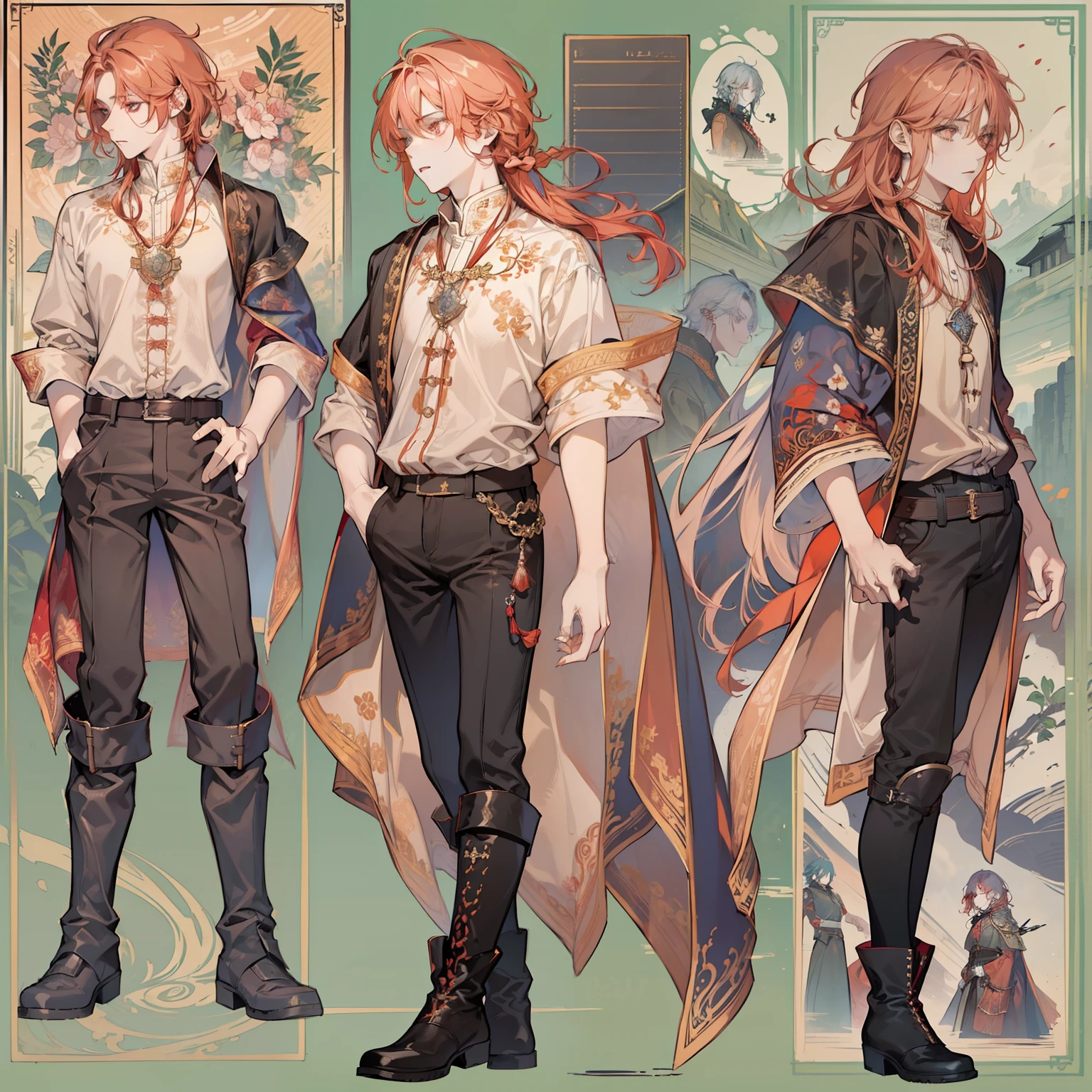 1 boy, solo, peach hair, light red-haired guy, straight hair, flowing straight hair, red eyes, shirt, high boots, dark clothing, dark clothes, Scandinavia theme, Scandinavian clothes, looking at viewer, fantasy art, beautiful painting, guwaika style, epic exquisite character art, stunning characters, man, lean (reference sheet:1.5)