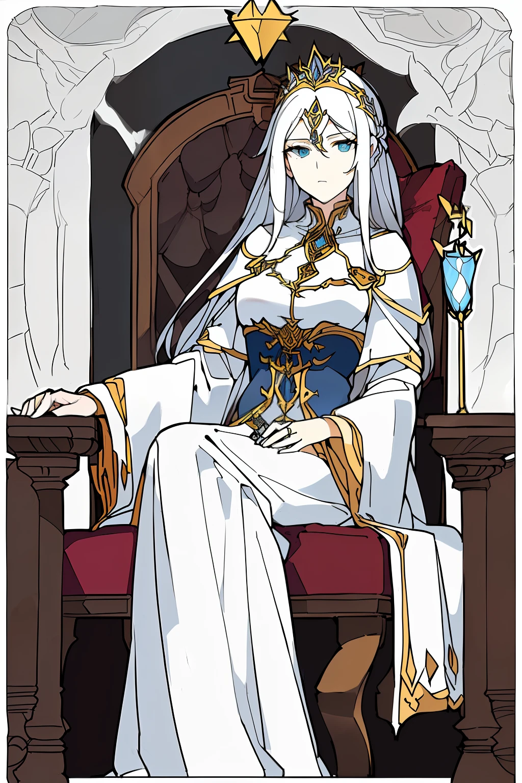 (tarot card background),The Empress sat in a chair,Chair made of ice,Best quality, A high resolution,1girll, , Super beautiful face, super beautiful eye,Super beautiful hair,long white hair,Indifferent expression