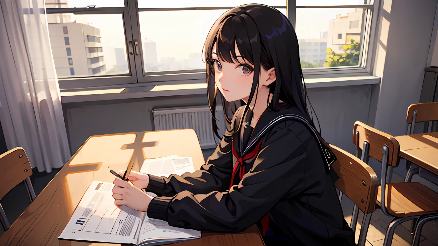 ((masterpiece,best quality)),1girl,black hair, school uniform, indoors, classroom, glowing, sidelighting,