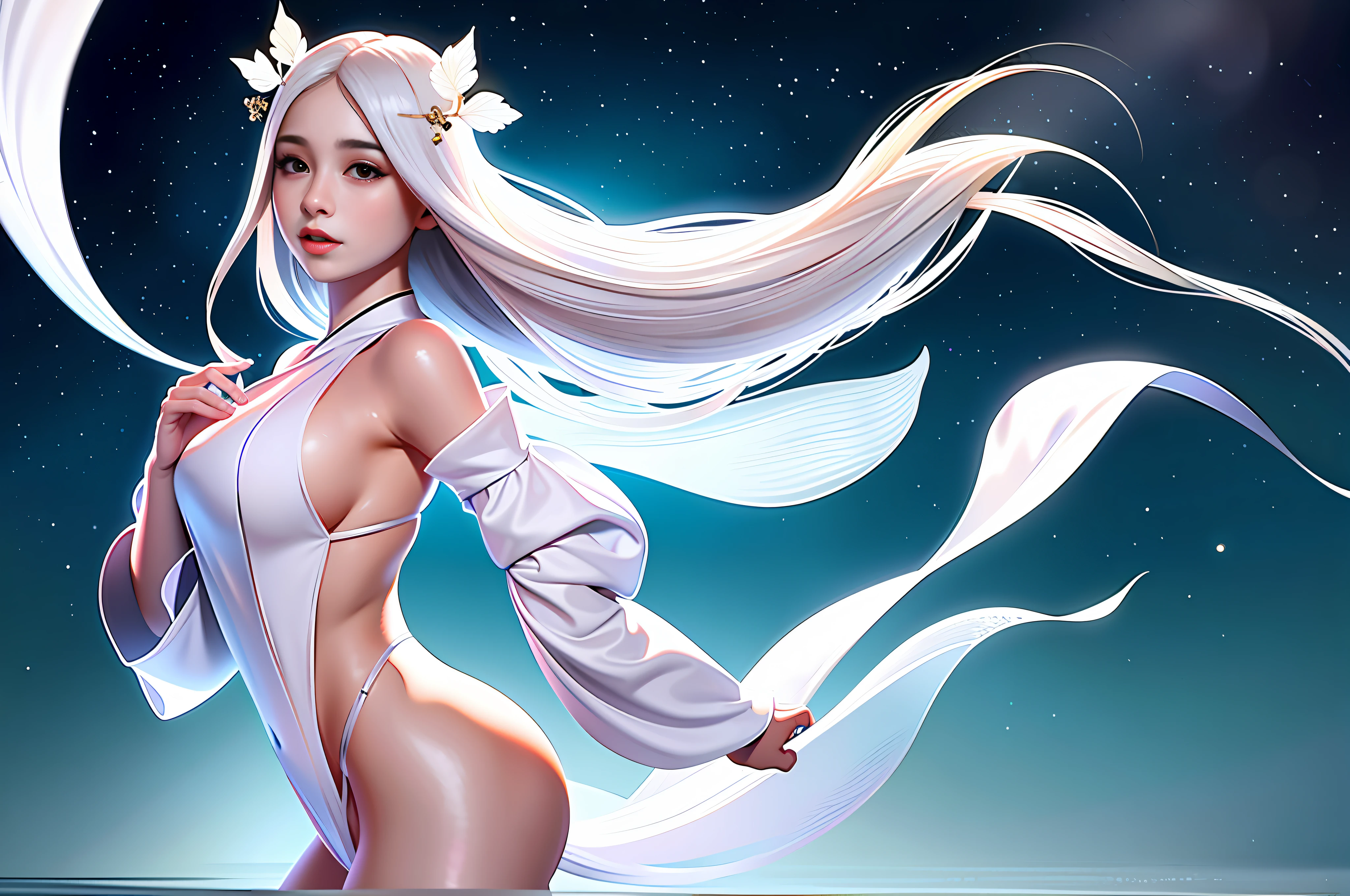 Beautiful ethereal young beauty,Wearing a flowing white Chinese robe。The camera captures a young woman standing gracefully on the water,It is surrounded by white clouds and mist,Adds an otherworldly touch to the scene。The young beauty's long black hair and robe were blown by the wind,It adds movement and fluidity to the picture。Use Midjourney's advanced brush tools to create intricate folds and textures on young women's robes and hair,And experiment with different color palettes and brushstrokes to bring out the ethereal quality of the scene。The image of the young woman is sometimes obscured by the fog around her,It also increases the beauty of young women,Make the scene full of mystery and fascination。Leverage Midjourney's powerful tools,You can bring this captivating and ethereal scene to life with incredible detail and beauty。 hdr,(真实感,Masterpiece quality,best qualtiy),,PureErosFace_V1,Urzang-6500-V1 Edition, Edition, Edition, Edition, Edition, Edition, Edition, Edition, Edition, Edition, Edition, Edition, Edition, Edition, Edition, Edition, Edition, Edition, Edition.1,,((((((Solo)))))),(((((Long flowing hair))))),((((High temperament and coldness)))),((((A calm face)))),((((Fairy air fluttering)))),((((((Peerless beauty)))))),(((((Less exposure))))),dignified and decent,(((White robes fluttering))),(((((solo female))))),(((((Busty young woman))))),((((Beautiful young woman)))),(((Perfect look)))