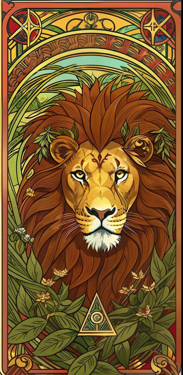 Power tarot cards,lion ,The calm-looking woman closed the lion's mouth, inner strength, Focus the gaze, A flowing red robe, A hand rests on the lion's nose, Delicate floral frame with laurel wreath, Symmetrical vine pattern, in an art nouveau style, Decorative edges with spiral vines