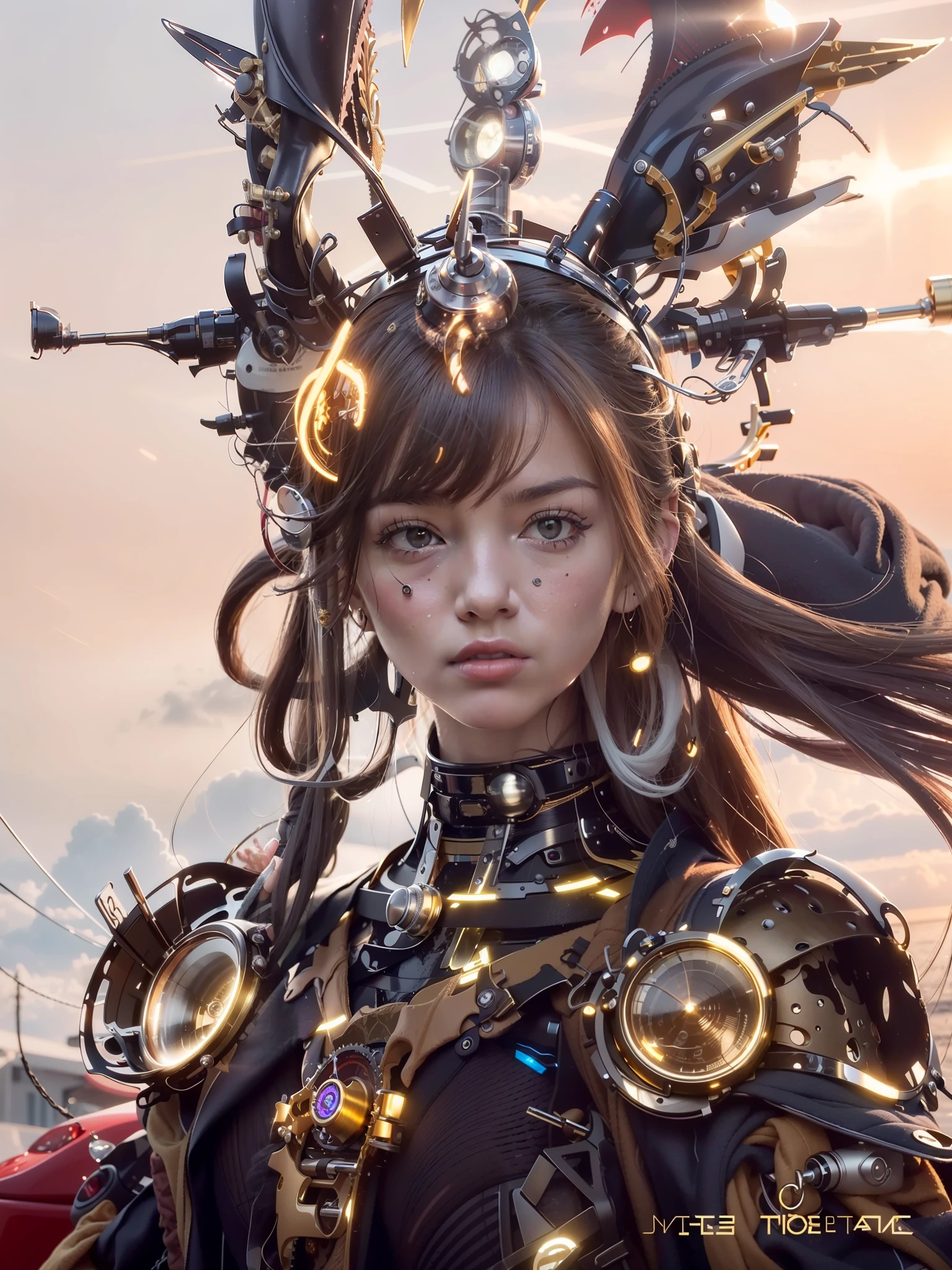 top Quority， tmasterpiece， 超高分辨率， （realisticlying： 1.4）， RAW photogr， 1 rapariga， brunette color hair，  1 mechanical girl， （hyper realistic detailed））， sportrait， globalillumination， shadowing， rendering by octane， 8K， Super sharp，The groove exposes the original skin， metals， Details of complex ornaments， Steampunk details， analog meters， gear wheel， gear wheel， Golden hydraulic cylinder， very complex details， realistic raytraicing， CGSoation trends， a purple eye，glowing light eyes，facing at camera，neon light detail，Mechanical limbs，blood vessels attached to the tube，A mechanical vertebrae attached to the back，Mechanical cervical connection of the neck，sitted，Wires and cables connected to the head，Up，Small LED light
