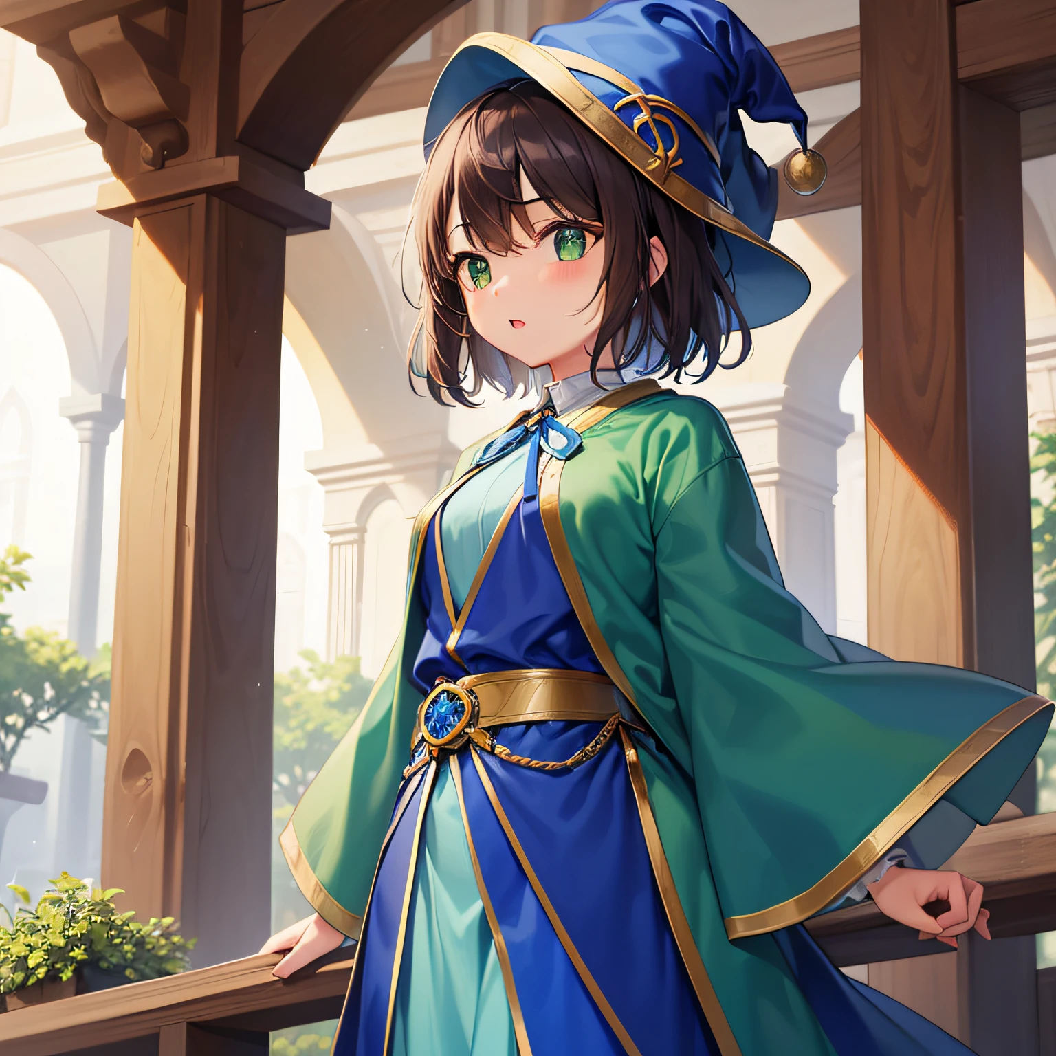 top-quality、extremely delicate and beautiful、((One Teenage Girl))、Green eyes、Small breasts、Short hair、Brown hair mixed in、Short hair、(Green Wizard Hat)、(a large blue ribbon on the head)Soio、Green clothing、long-sleeve、Red brooch on the neck、((Blue wizard robe dressed in green))、Standing