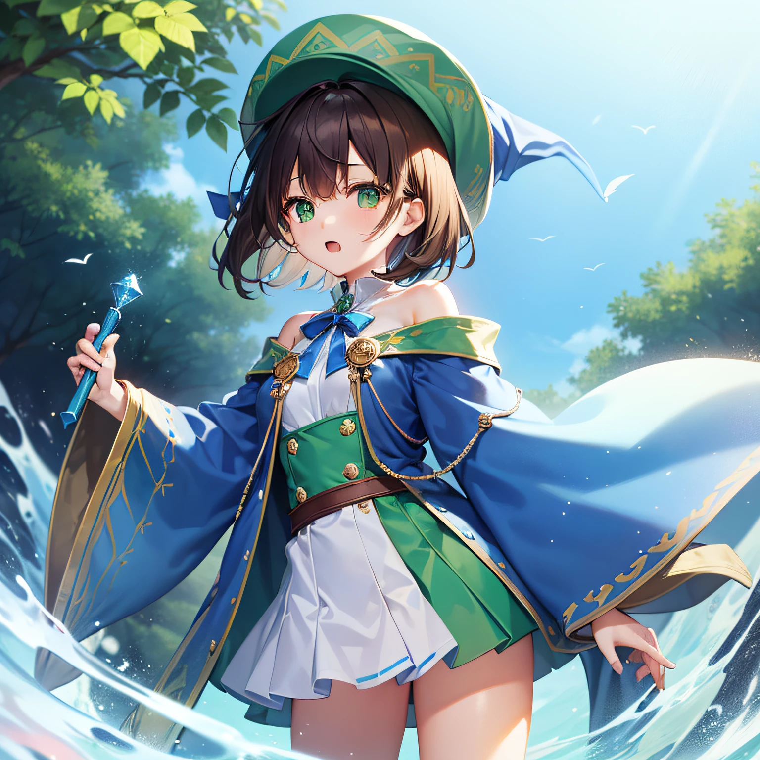 top-quality、extremely delicate and beautiful、((One Teenage Girl))、Green eyes、Small breasts、Short hair、Brown hair mixed in、Short hair、(Green Wizard Hat)、(a large blue ribbon on the head)Soio、Green clothing、long-sleeve、Red brooch on the neck、((Blue wizard robe dressed in green))、Standing