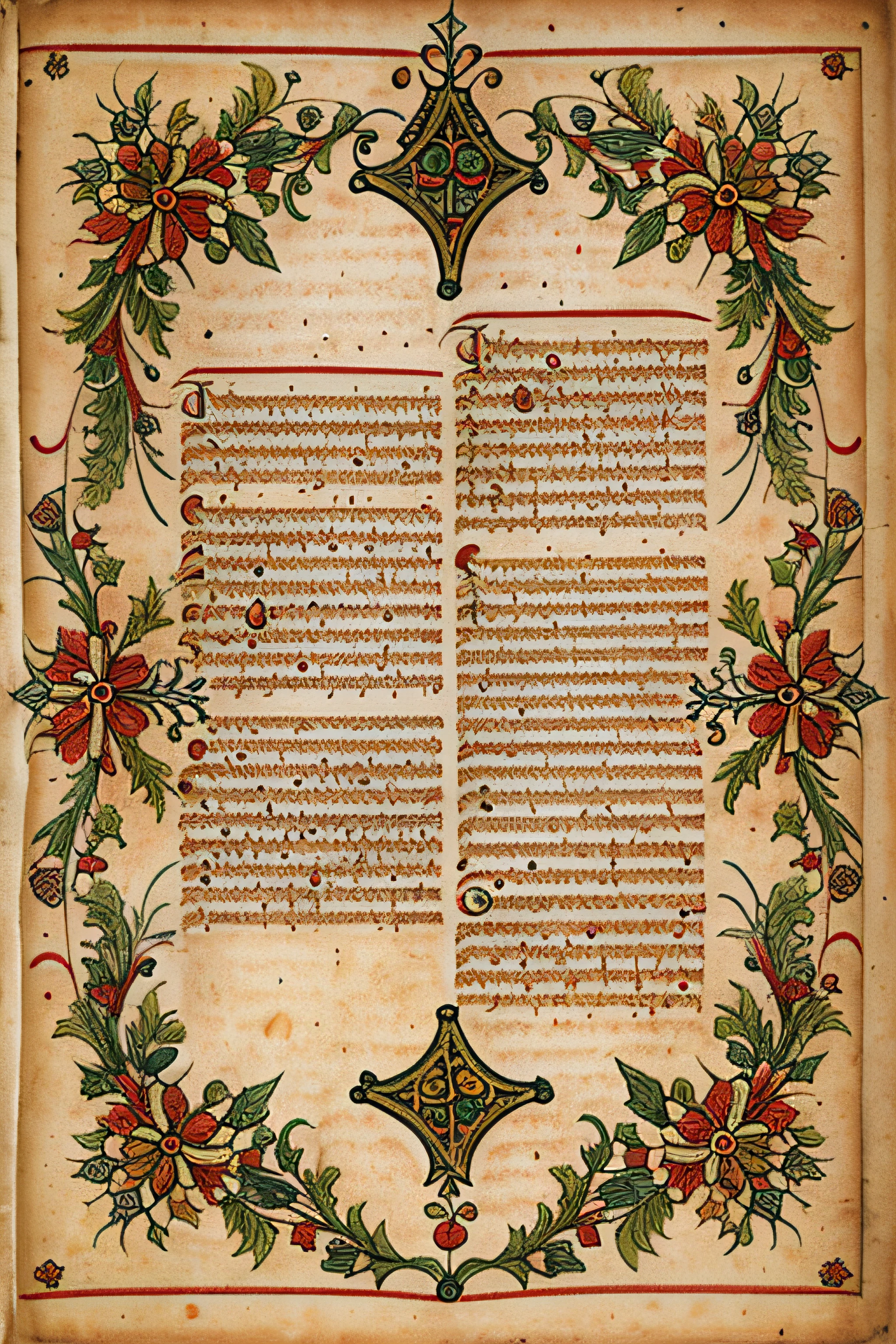 Manuscrito medieval, adornos detalhados nas laterais, Estilo medieval, in the center there is no text, vazio na parte interna da folha, laterais com desenhos e parte interna vazia