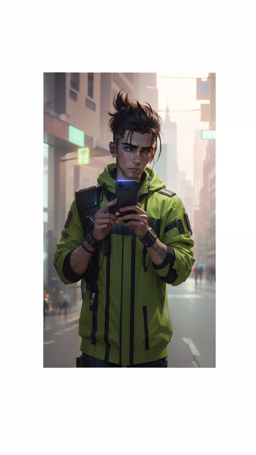 Cyberpunk look, handsome boy, realistic face, 8k image, with I phone