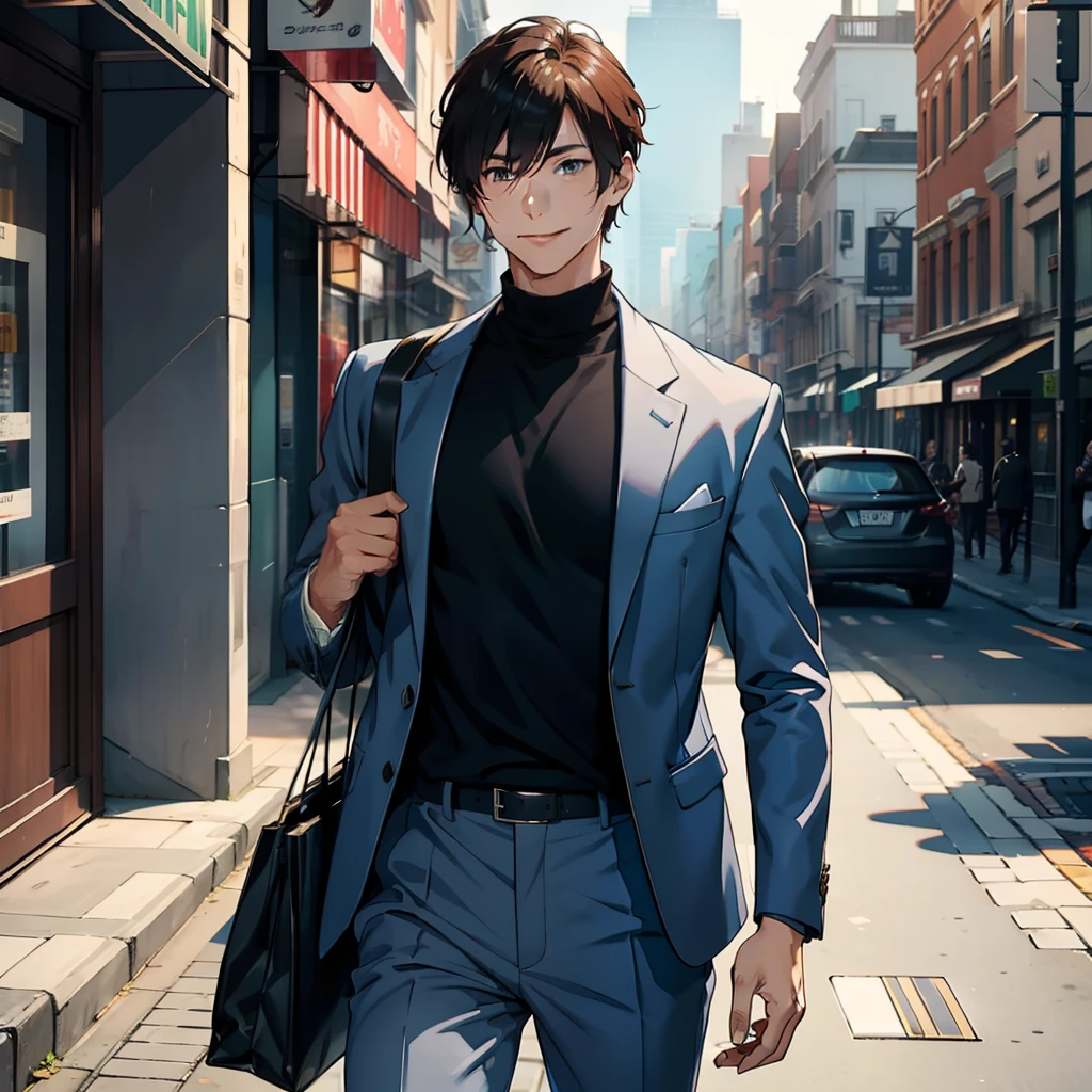 1 male，Wear a casual suit，Holding a bag in his hand，The bag was full of money，Smile happily，On the street