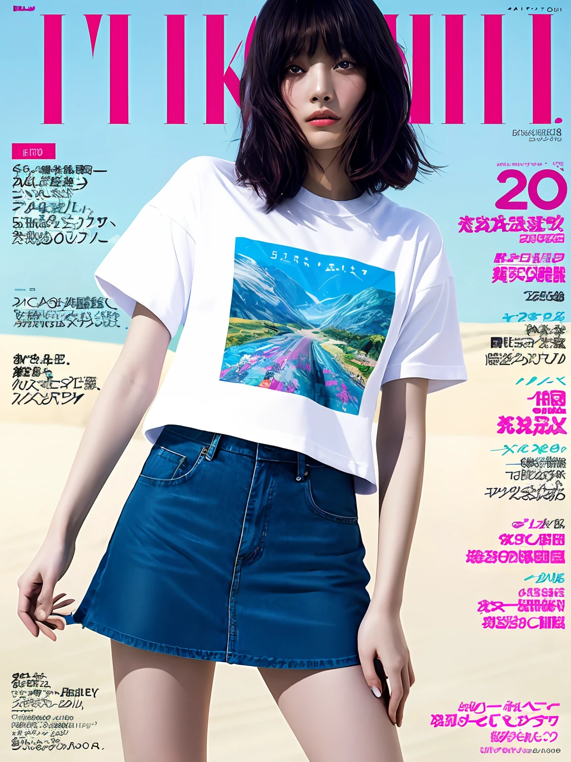 a young beautiful girl、ultra-detailliert、Official Art、Unity8k wallpapers、(Fashion magazine cover:1.3)、
a miniskirt、graphic t-shirt、