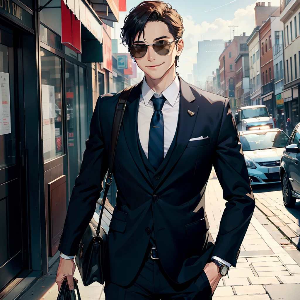 1 male，Wear a casual suit，Holding a bag in his hand，The bag was full of money，Smile happily，On the street