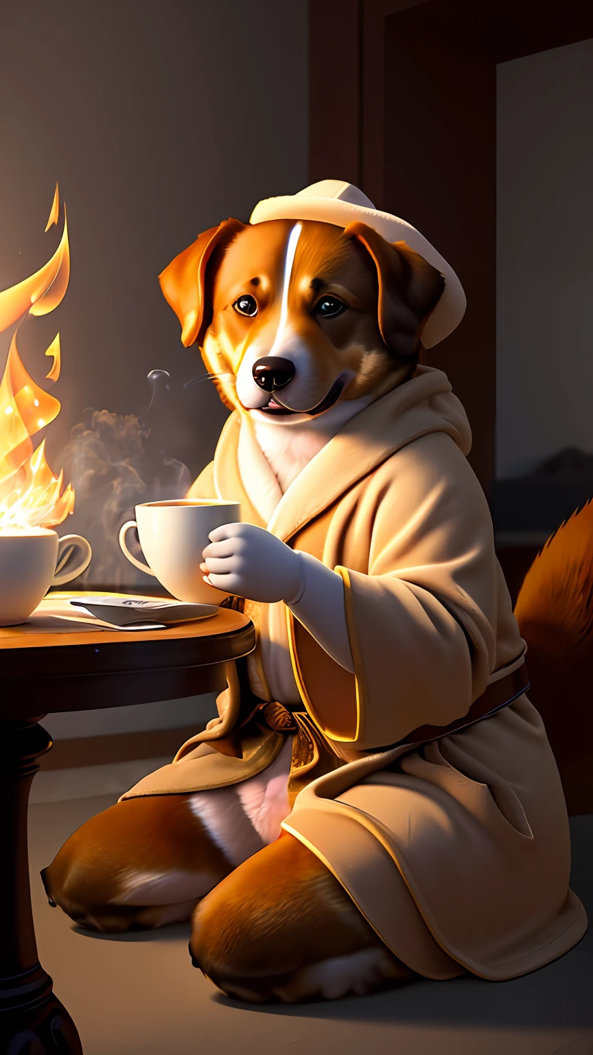 (best quality:1.23), (masterpiece:1.12), (realistic:1.24), (anthropomorphic dog:1.5) holding a coffee cup, sitting, in a robe, eating breakfast and holding a coffee cup, hat, particles, volumetric lighting, room burn down, ground and chair on fire, lots of gadgets and equipment on fire, smoke, (flames all around:1.2),
