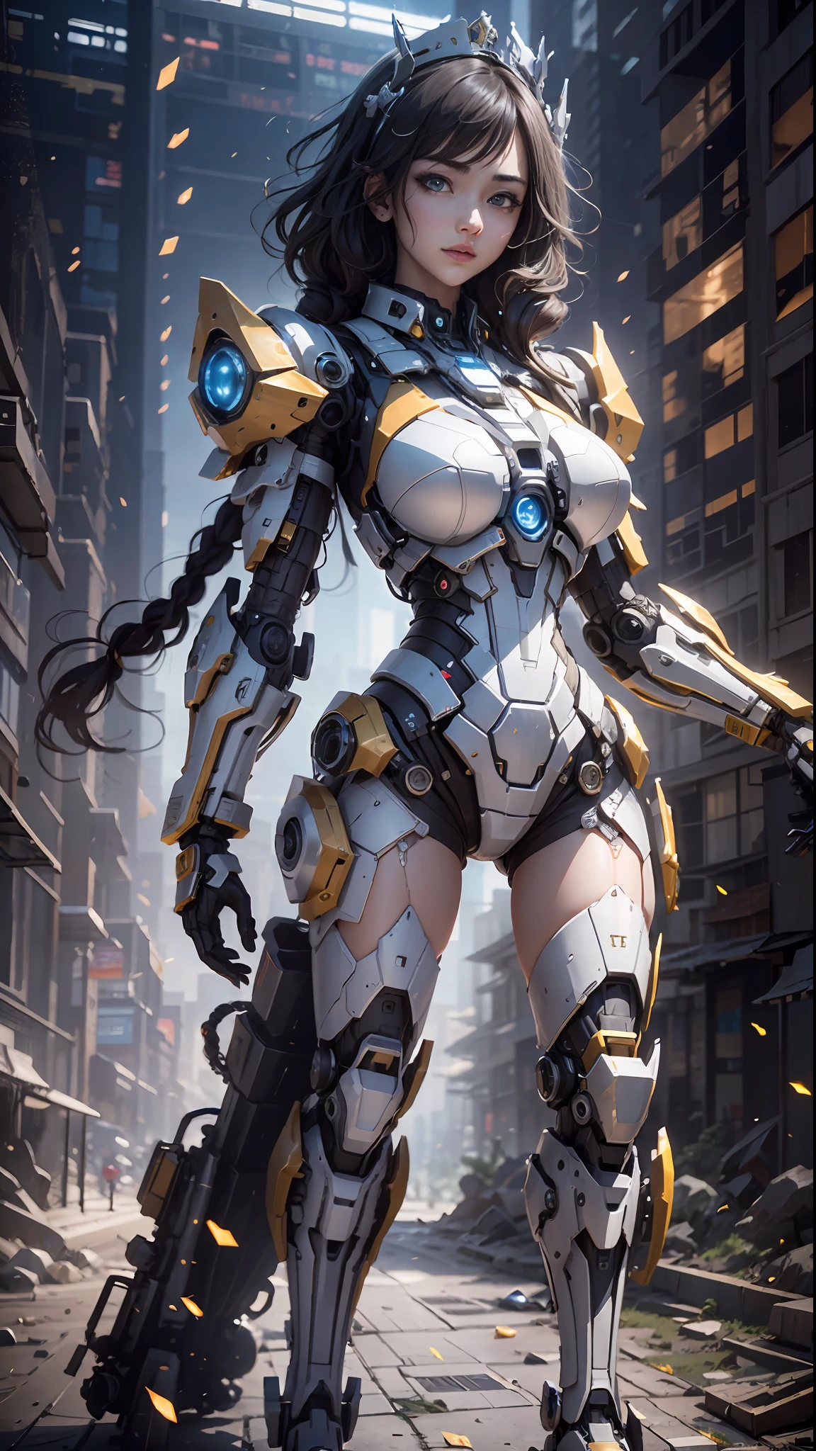 (Best Quality)), ((Masterpiece)), (Very Detailed: 1.3), 3D, Icaru valkirie-mecha, Beautiful cyberpunk woman wearing crown, with master chef style armor, sci-fi technology, HDR (High Dynamic Range), ray tracing, nvidia RTX, super resolution, unreal 5, subsurface scattering, PBR texture, post-processing, anisotropic filtering, depth of field, maximum sharpness and sharpness, multi-layer texture, Specular and albedo mapping, surface shading,  accurate simulation of light-material interactions, perfect proportions, octane rendering, duotone lighting, low ISO, white balance, rule of thirds, wide aperture, 8K RAW, high efficiency subpixels, subpixel convolution, light particles, light scattering, Tyndall effect, very , full body, battle pose, black hair with braids,