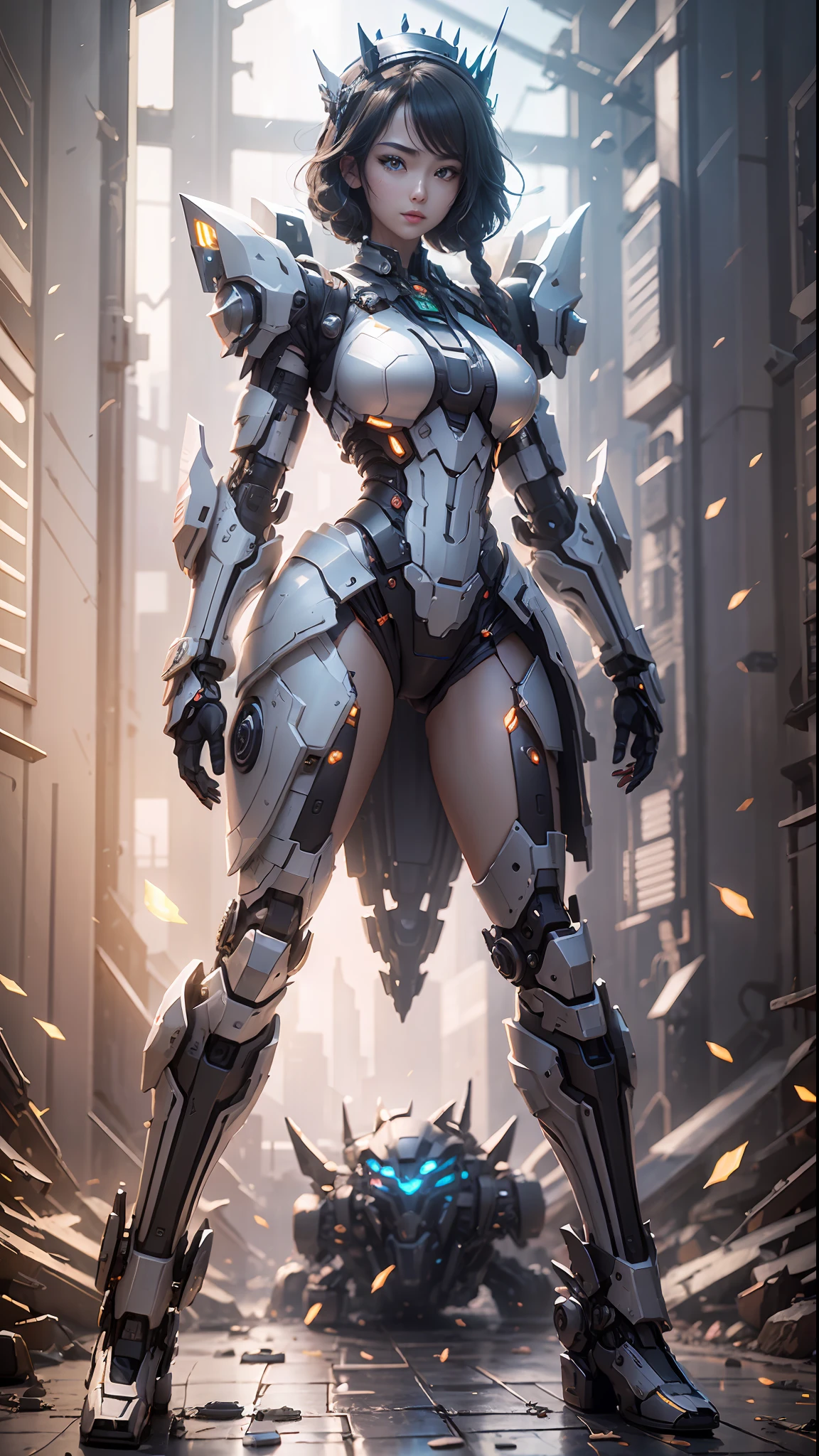 (Best Quality)), ((Masterpiece)), (Very Detailed: 1.3), 3D, Icaru valkirie-mecha, Beautiful cyberpunk woman wearing crown, with master chef style armor, sci-fi technology, HDR (High Dynamic Range), ray tracing, nvidia RTX, super resolution, unreal 5, subsurface scattering, PBR texture, post-processing, anisotropic filtering, depth of field, maximum sharpness and sharpness, multi-layer texture, Specular and albedo mapping, surface shading, accurate simulation of light-material interactions, perfect proportions, octane rendering, duotone lighting, low ISO, white balance, rule of thirds, wide aperture, 8K RAW, high efficiency subpixels, subpixel convolution, light particles, light scattering, Tyndall effect, very sexy, full body, battle pose, black hair with braids,
