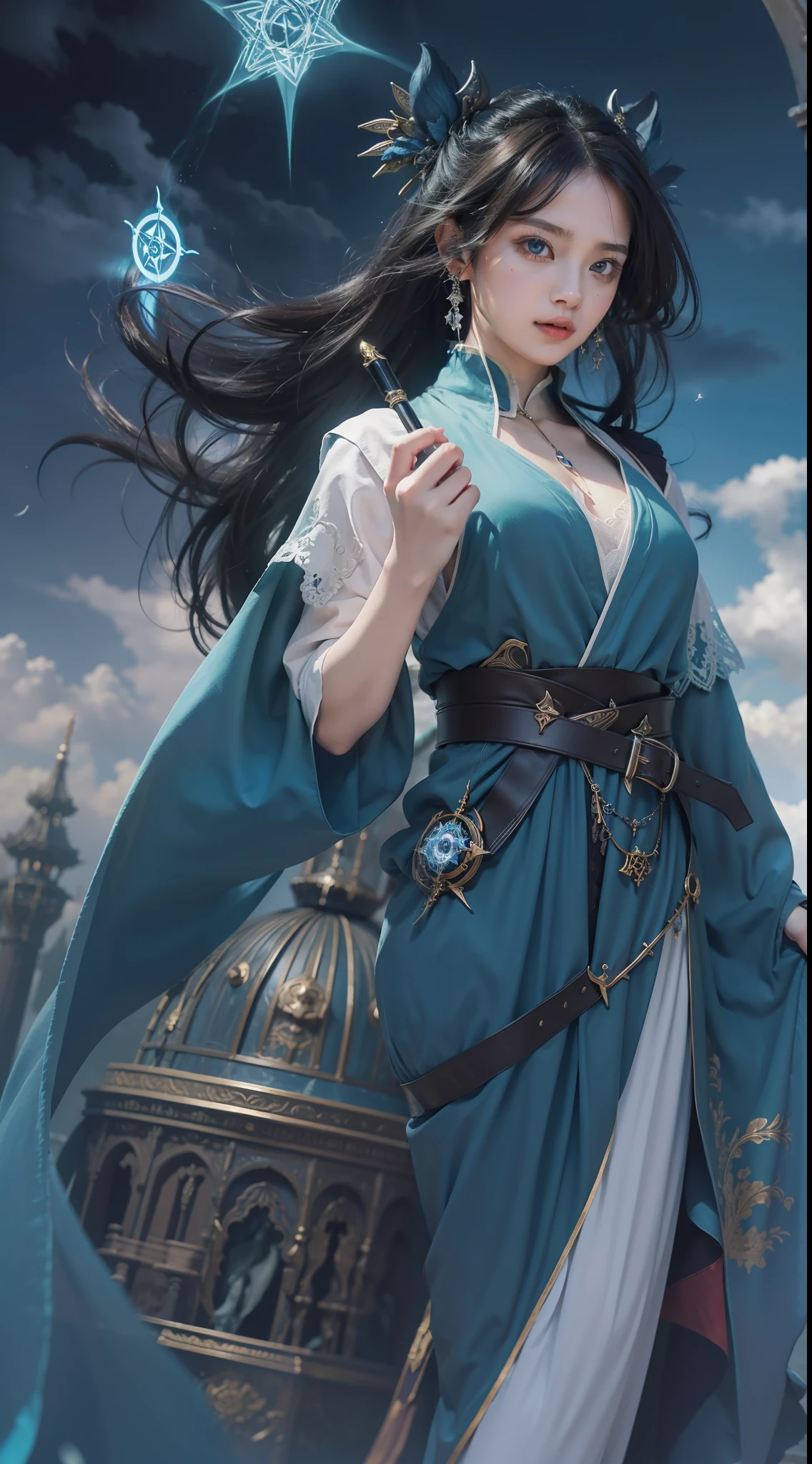 Above the rising clouds,Daytime, Dark, (Fantasy),infinite,deep blue sky,The abyss of knowledge,Cowledge,((masutepiece)), (((Best Quality))),((Beautiful fine eyes)),(Eye lashes)、Realistic clouds、Very beautiful face、The ultra -The high-definition、high fantasy castle、beautiful Girl、(女の子1人)、Black hair、The long-haired、abyss eyes、glowy skin、oils、small tits、Perfect human body structure、Wizard robes、der riese、tattered cloth、Realistic coat、Teenchi、Super delicate CG Unity 32k wallpaper、photoRealstic、masterpiece, ((ultra-detailliert)), ((illustratio)),colourfull,wall-paper,The energy,Unknown terror,Incomprehensible,Around the magic,Magical surroundings,magic wands,Boken,Flying pages,Know everything,Predict the future、Get to know the past、Infinite wisdom、blue flames、Warlock、magic circles、Pentagram、Spells、mantra、Singing magic