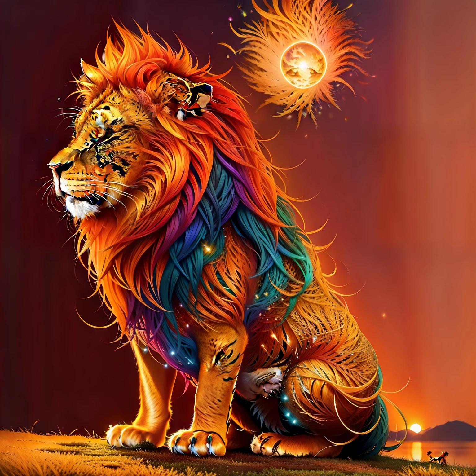 A majestic and majestic lion, His golden mane floating in the wind with overcast sky with beam of light illuminated the lion. From a distance, The setting sun paints the sky in shades of fiery orange and deep purple, casting a warm and welcoming glow on the African landscape.