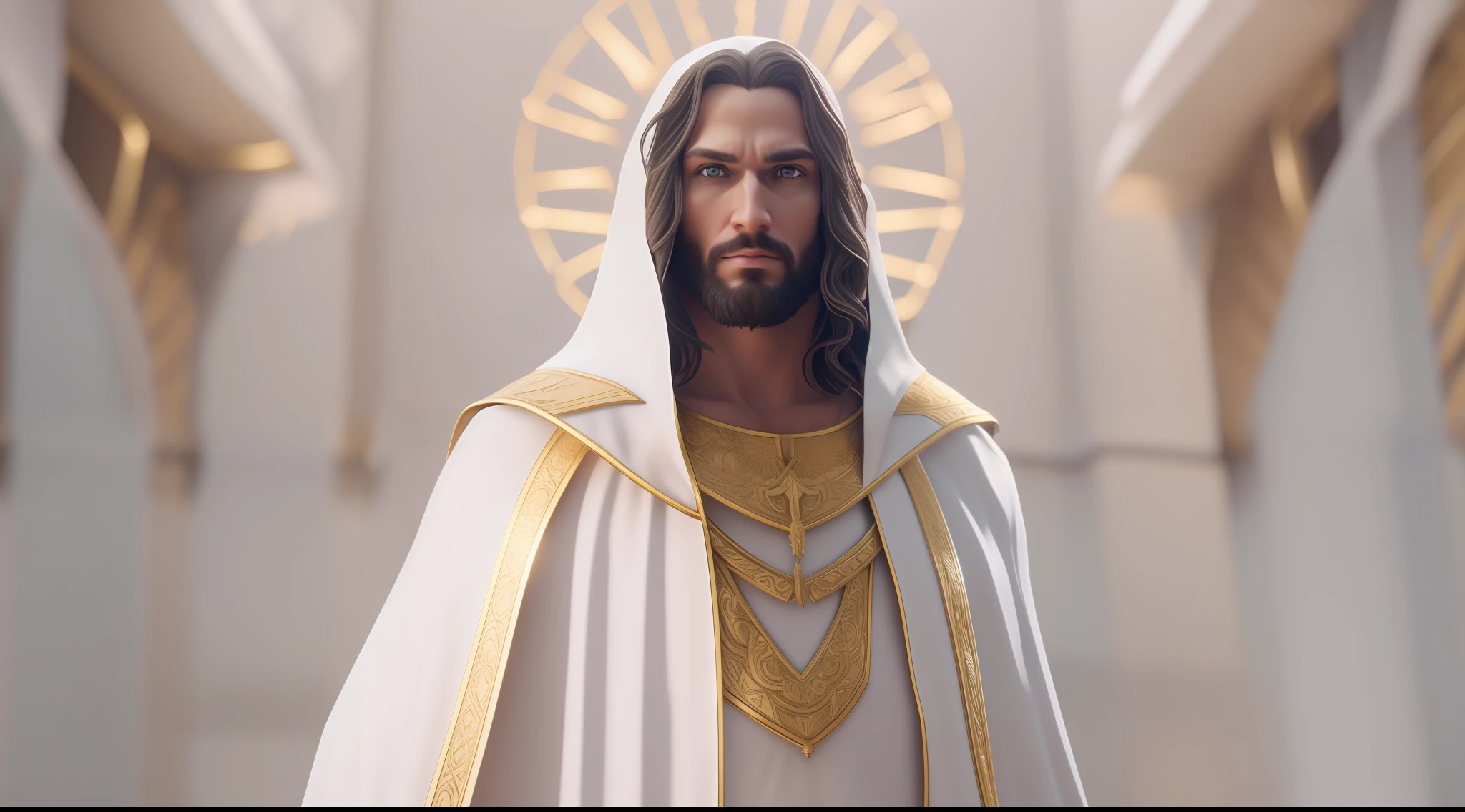 Homem em um manto branco e capa dourada com um capuz branco, Jesus Christ in epic and glorified form image of man long hair male, Fantasy Style 8k Octane Rendering, detailed cinematic render, dressed like a cleric, renderizado no Unreal Engine 5, (octan render) estilo fantasia, cinematic full character, Criado em Unreal Engine 5, Cinematic pose of authority and imposing, rosto perfeito olhos azuis, elegante, cinematic render, vestindo manto branco e dourado.