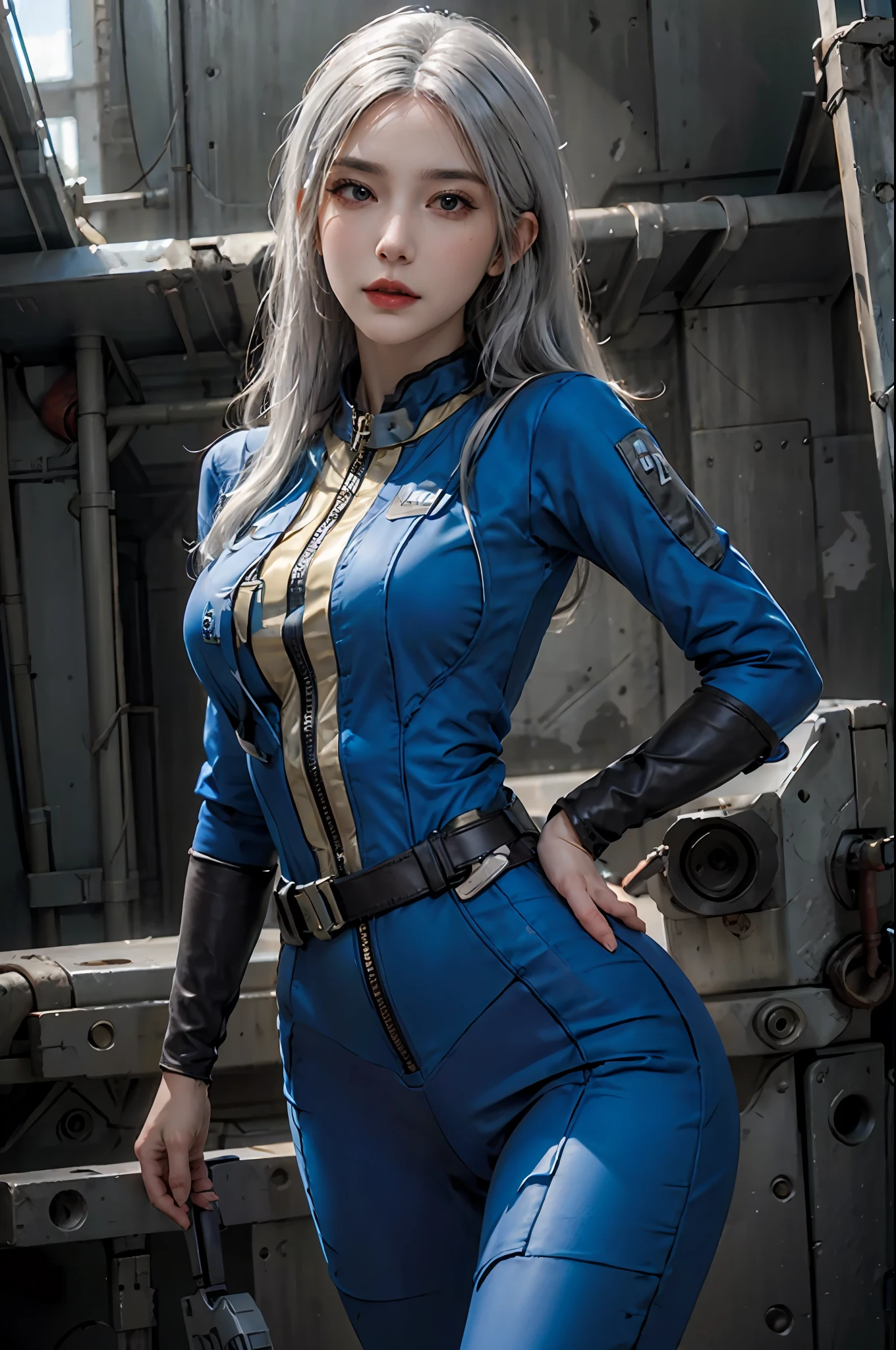 photorealistic, high resolution, 1women, solo, hips up, look at viewer, (detailed face), white hair, long hair, fallout vaultsuit pipboy3000, blue suit