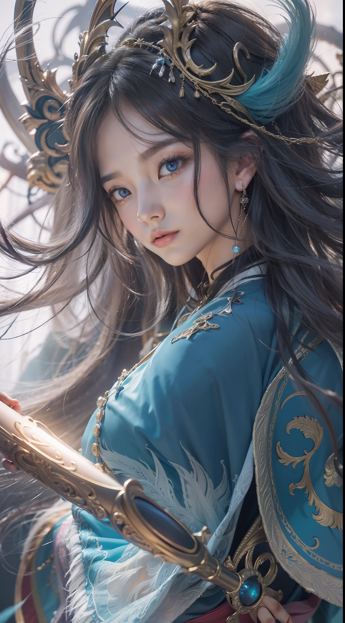 Above the rising clouds,Daytime, Dark, (Fantasy),infinite,deep blue sky,The abyss of knowledge,Cowledge,((masutepiece)), (((Best Quality))),((Beautiful fine eyes)),(Eye lashes)、Realistic clouds、Very beautiful face、The ultra -The high-definition、high fantasy castle、beautiful Girl、(1人)、Black hair、The long-haired、abyss eyes、glowy skin、oils、small tits、Perfect human body structure、Wizard robes、der riese、tattered cloth、Realistic coat、Tee、Super delicate CG Unity 32k wallpaper、photoRealstic、masterpiece, ((ultra-detailliert)), ((illustratio)),colourfull,wall-paper,The energy,Unknown terror,Incomprehensible,Around the magic,Magical surroundings,magic wands,Boken,Flying pages,Know everything,Predict the future、Get to know the past、Infinite wisdom、blue flames、Warlock、magic circles、Pentagram、Spells、mantra、Singing magic