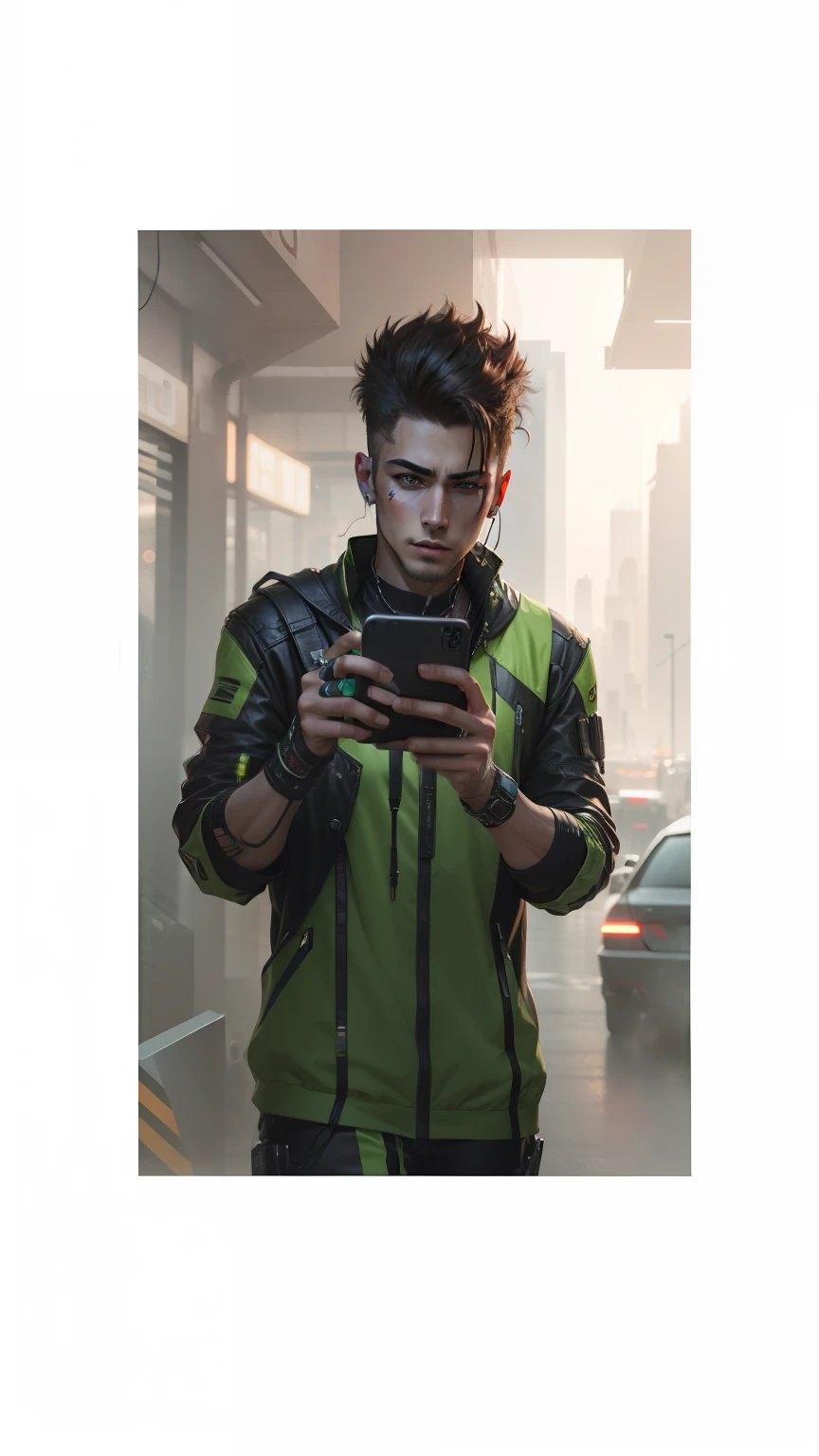 Cyberpunk look, handsome boy, realistic face, 8k image, with I phone