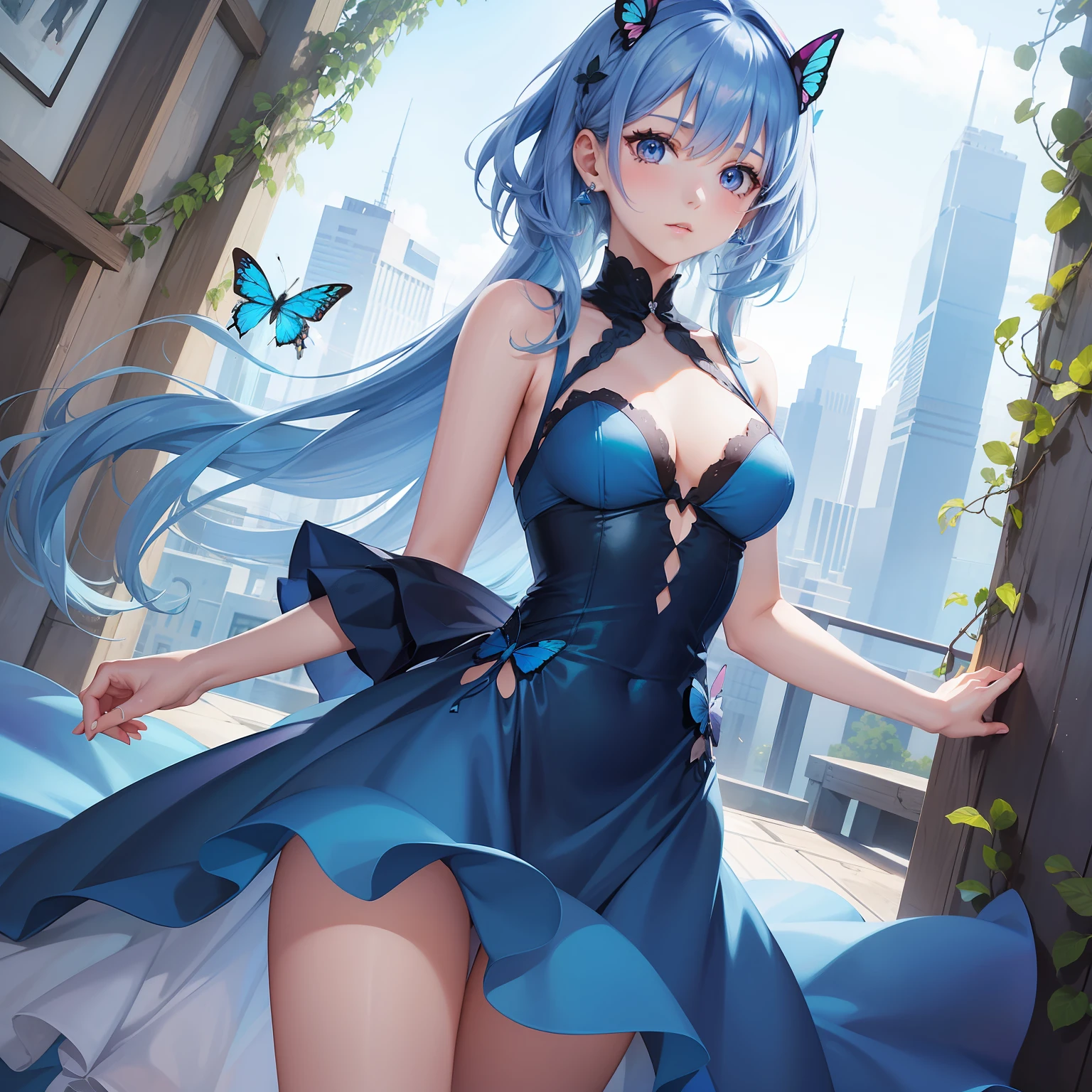 a women, blue butterfly, blue hair, pink eyes, blue dress