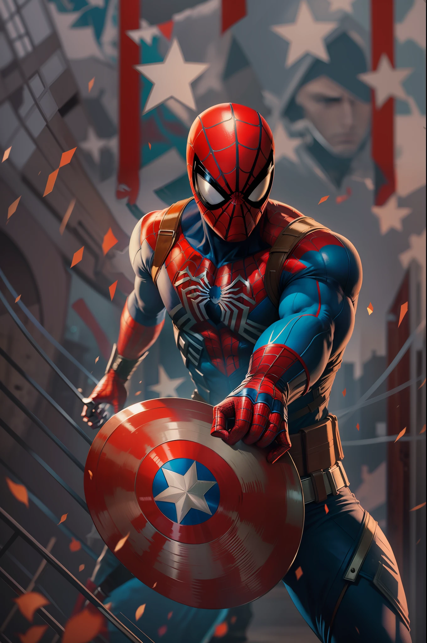 Stylish Spiderman with captain America shield in hand,8k ultra hd wallpaper, bright colours,vivid