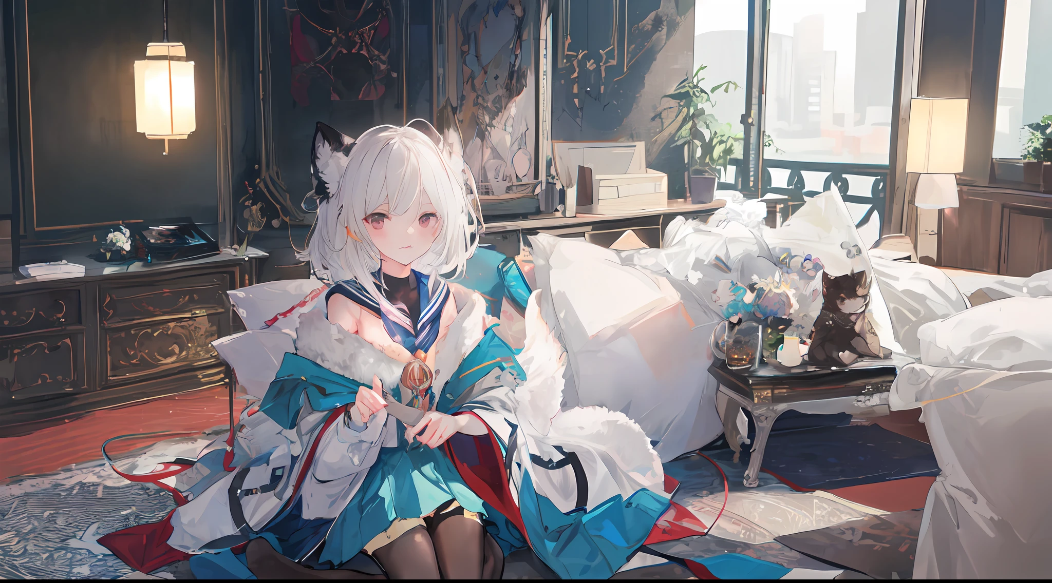 Heterochromic pupils,solo person,Ark of Tomorrow,one-girl,off-shoulder sweater, backless outfit,Starry sky,clusters of stars,Ray tracing,{Best quality}, {{Masterpiece}}, {A high resolution}, Original, Extremely detailed 8k wallpaper, {An extremely delicate and beautiful},,incredibly_absurderes,Colorful,intricately details,art book,,incredibly_absurderes,Ray tracing,Perspective,Wide shot,Overall view,,A high resolution,Game CG,short_Hair,cat_hor ears,White_Hair/White_Eyes,Detail fingers,Hands in hair,pigeon-toed,Pout,Blush,Eyes visible through hair,off-shoulder sweater,White_wind coat,Superskirt,White pantyhose,White cat ears,(((long white hair))),White tail,reaching out her hands,W cut sitting position,(((a black trench coat))),(((Blue sailor collar))),Blue pupil,Black hairpin,Post-industrial buildings,4K,Master picture quality,Texture,Ark of tomorrow style,On the ground lay the West Sword,eventide,Blood-red sunlight,Black backpack,((((Short blue skirt)))),((((White tights)))),black sneaker shoes,full bodyesbian,long and flowing hair,Smiling,Squint,The ultimate in facial depiction,The ultimate body depiction,The ultimate hair depiction ,There are lanterns on the ground,is shy,in a panoramic view,The ultimate scenario description,Pout,Beautiful_face,Beautiful detailed eyes,One eye is white,One eye closed ,Earphone,Beautiful detailed sky,reflective light,Ray tracing,Sunlight,(Maid dress),Sailor dress,Sleeves,beautiful detailed water,Beautiful detailed sky,god light,depth of fields,Normal body,Normal posture,Front view,Absolutely good light and shadow,Detailed sky,baiyun,the sunset,(((城市,starlights,rios,darkly))).{Best quality}, {{Masterpiece}}, {A high resolution}, Original, Extremely detailed 8k wallpaper, {An extremely delicate and beautiful},,Ray ,{Best quality}, {{Masterpiece}}, {A high resolution}, Original, Extremely detailed 8k wallpaper, {An extremely delicate and beautiful},,incredibly_absurderes,Colorful,intricately details,art book,,Overall view,,Depth o