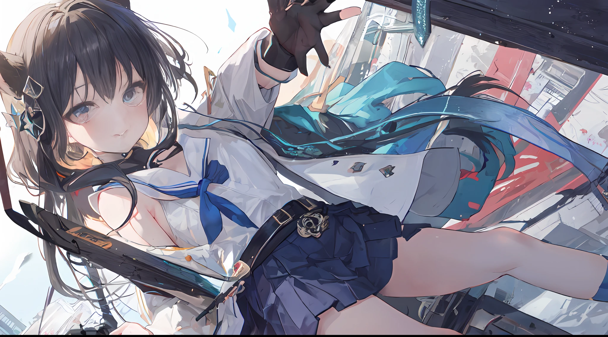 Heterochromic pupils,solo person,Ark of Tomorrow,one-girl,off-shoulder sweater, backless outfit,Starry sky,clusters of stars,Ray tracing,{Best quality}, {{Masterpiece}}, {A high resolution}, Original, Extremely detailed 8k wallpaper, {An extremely delicate and beautiful},,incredibly_absurderes,Colorful,intricately details,art book,,incredibly_absurderes,Ray tracing,Perspective,Wide shot,Overall view,,A high resolution,Game CG,short_Hair,cat_hor ears,White_Hair/White_Eyes,Detail fingers,Hands in hair,pigeon-toed,Pout,Blush,Eyes visible through hair,off-shoulder sweater,White_wind coat,Superskirt,White pantyhose,White cat ears,(((long white hair))),White tail,reaching out her hands,W cut sitting position,(((a black trench coat))),(((Blue sailor collar))),Blue pupil,Black hairpin,Post-industrial buildings,4K,Master picture quality,Texture,Ark of tomorrow style,On the ground lay the West Sword,eventide,Blood-red sunlight,Black backpack,((((Short blue skirt)))),((((White tights)))),black sneaker shoes,full bodyesbian,long and flowing hair,Smiling,Squint,The ultimate in facial depiction,The ultimate body depiction,The ultimate hair depiction ,There are lanterns on the ground,is shy,in a panoramic view,The ultimate scenario description,Pout,Beautiful_face,Beautiful detailed eyes,One eye is white,One eye closed ,Earphone,Beautiful detailed sky,reflective light,Ray tracing,Sunlight,(Maid dress),Sailor dress,Sleeves,beautiful detailed water,Beautiful detailed sky,god light,depth of fields,Normal body,Normal posture,Front view,Absolutely good light and shadow,Detailed sky,baiyun,the sunset,(((城市,starlights,rios,darkly))).{Best quality}, {{Masterpiece}}, {A high resolution}, Original, Extremely detailed 8k wallpaper, {An extremely delicate and beautiful},,Ray ,{Best quality}, {{Masterpiece}}, {A high resolution}, Original, Extremely detailed 8k wallpaper, {An extremely delicate and beautiful},,incredibly_absurderes,Colorful,intricately details,art book,,Overall view,,Depth o