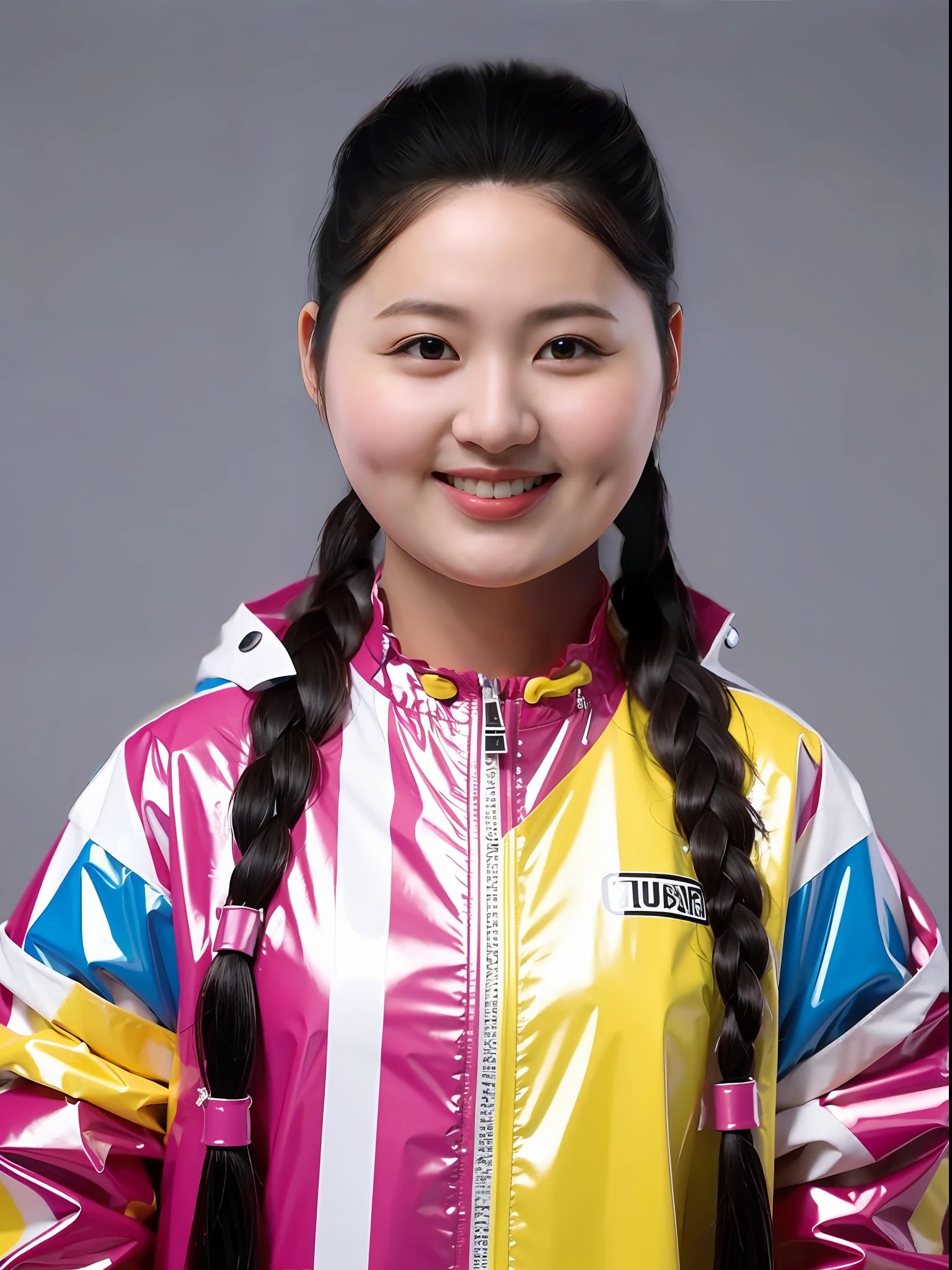 A Chinese high school girl,Wearing a PVC colored raincoat,There are zippers,wearing hat,Braid