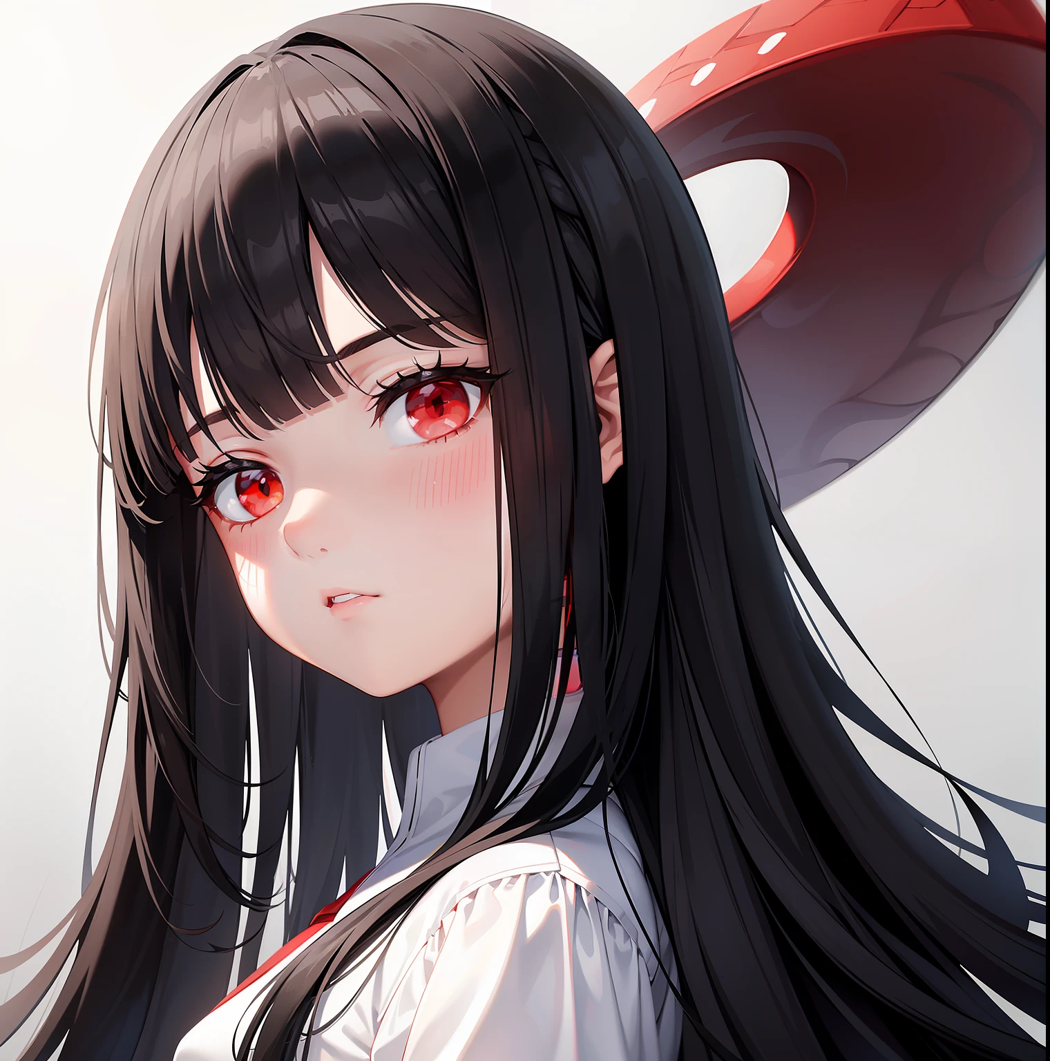 A white 12-year-old girl，white complexion，Black straight hair with bangs，Black medium long hair，Black bangs，red eyes，red pupil，largeeyes，Sagging eyes，Straight and small nose，Small pointed face，face expressionless，orthofacial，frontage，red pupils，Plain white background，Pure black robe，No hats