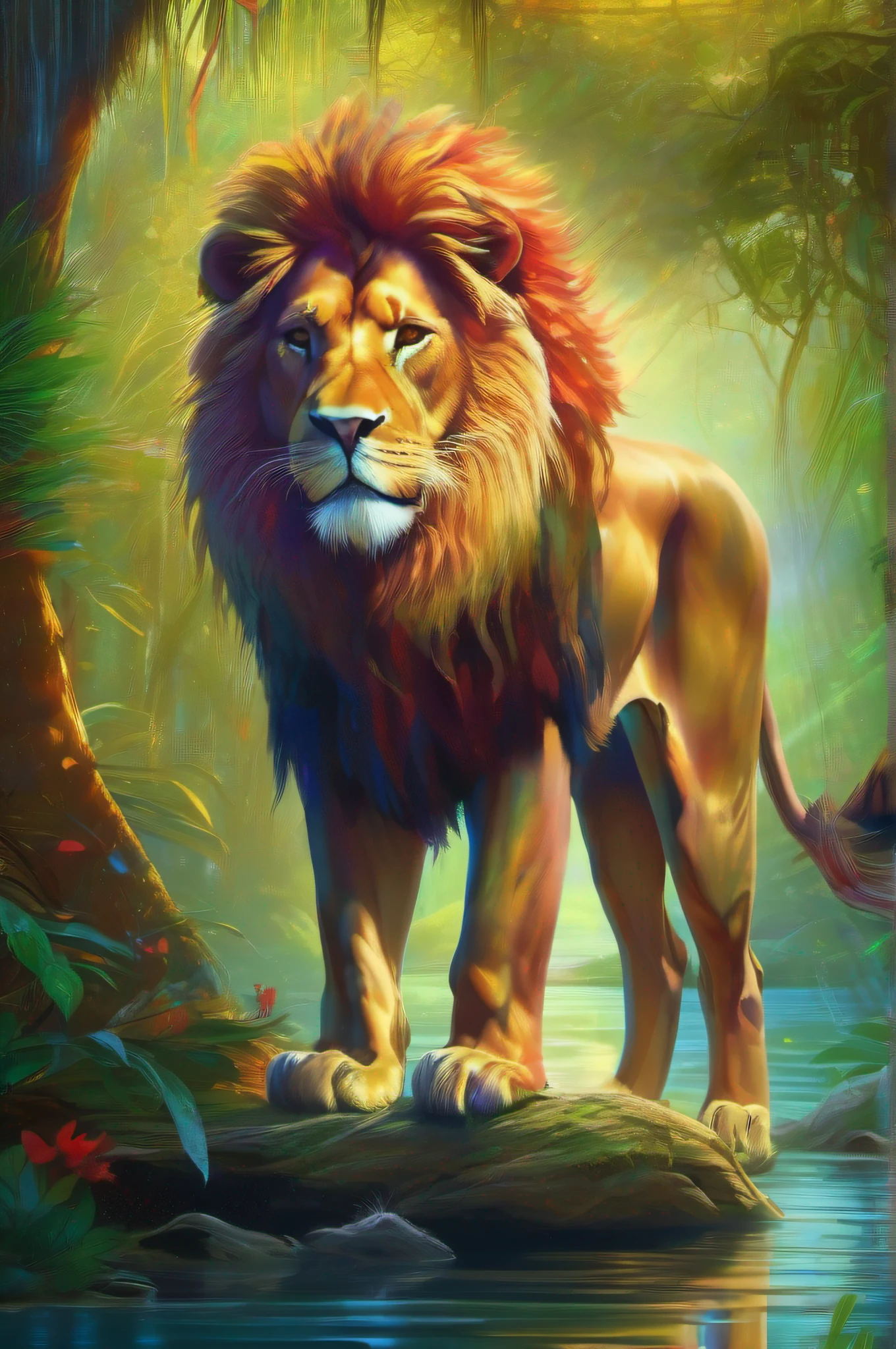 Surrealist lion,Walk slowly through the Amazon jungle,The aroma is fragrant,coloured with lots of colour,Two-tone style,Paintings with a strong sense of three-dimensionality,Perfect viewing angle,The background created by atmospheric perspective,Backlit illumination,8K Ultra HD details,Image quality to the extreme,Masterpiece level painting。