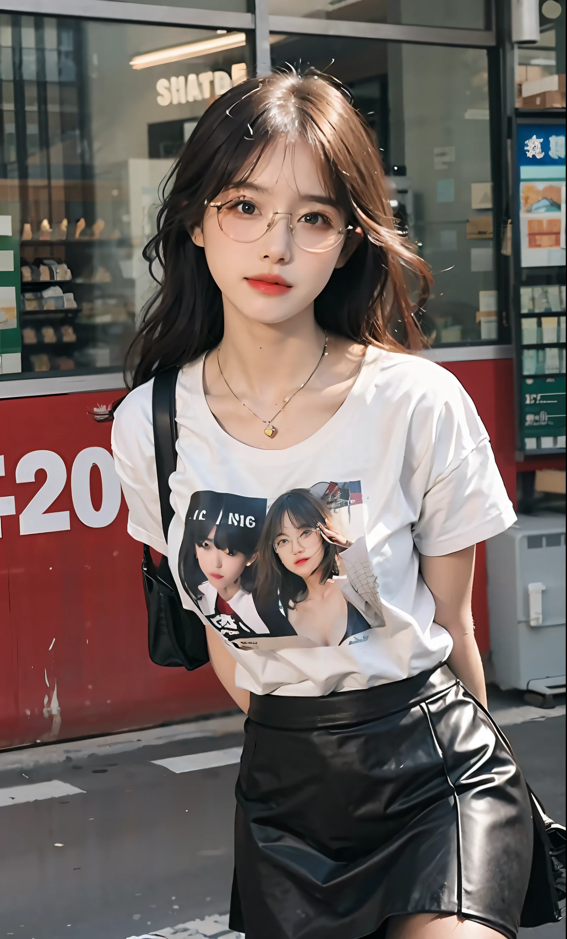 ulzang-6500-v1.1,(RAW photo:1.2), (Photorealistic:1.4), Beautiful Meticulous Girl, very detailed eyes and faces, Beautiful detailed eyes, absurderes, unbelievable Ridiculous, hugefilesize, ultra - detailed, A high resolution, The is very detailed,best qualtiy,tmasterpiece,((T-shirt )),illustratio,The is very detailed,CG,unified,8k 壁纸,Amazing Cleavage,finely detailled,tmasterpiece,best qualtiy,The is very detailed的 CG unified 8k 壁纸,light in face,cinmatic lighting, 1girll, 16 years old,long white hair,lateral division,(wears glasses),((dynamicposes)),(sexyposture),,(A half body),((Pantyhose)),((Black hip skirt)),:1.1, Super detailed face, Detailed eyes, 二重まぶた, blur backgroun, Slim Faces,