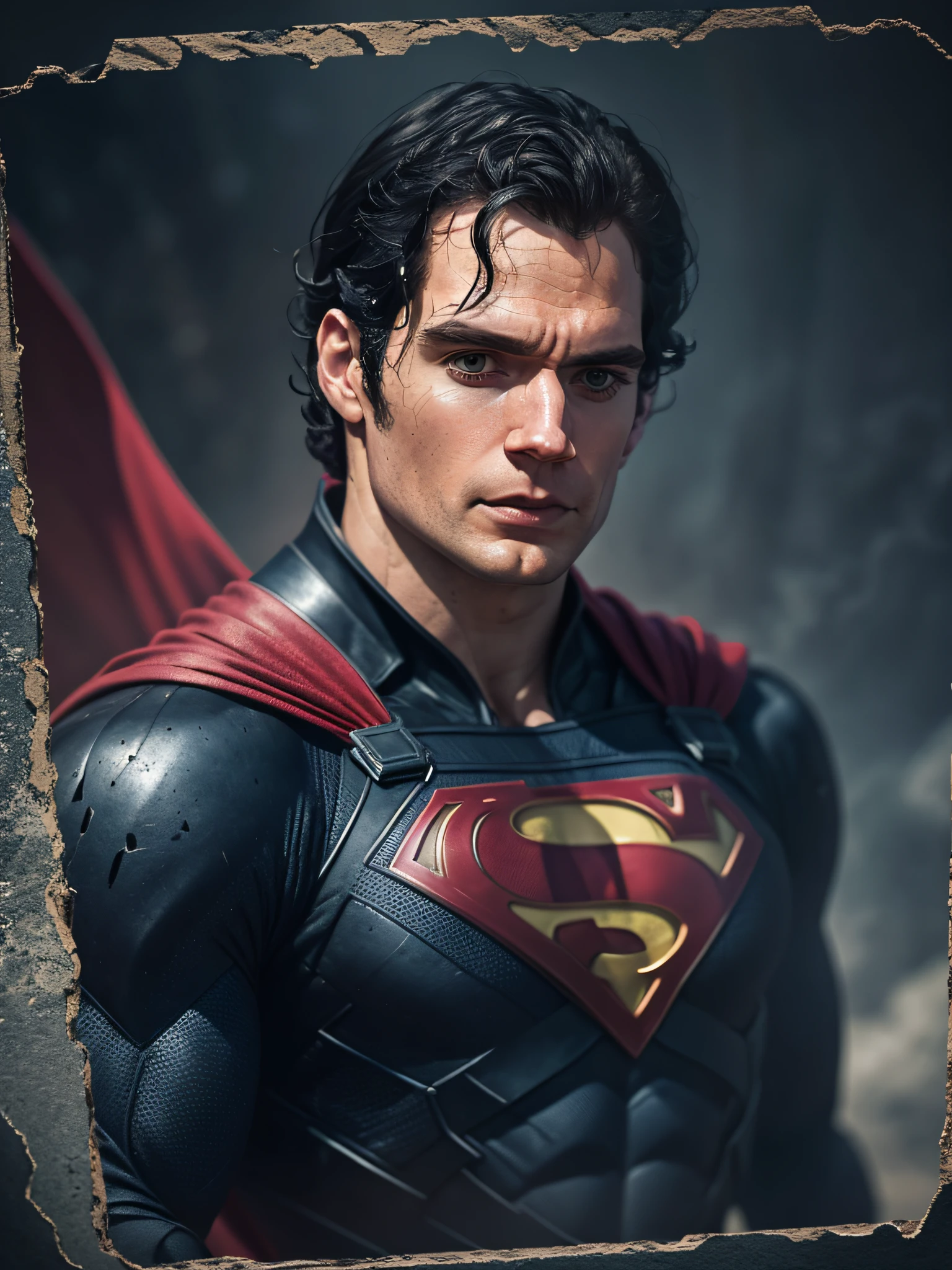 Henry Cavill as Superman, 40s year old, all black and red details suit, red cape, strain of hair covering forehead, short cut hair, tidy hair, tall, manly, hunk body, muscular, straight face, black medium hair, best quality, high resolution:1.2, masterpiece, raw photo, dark background, detailed suit, detailed face, upper body shot