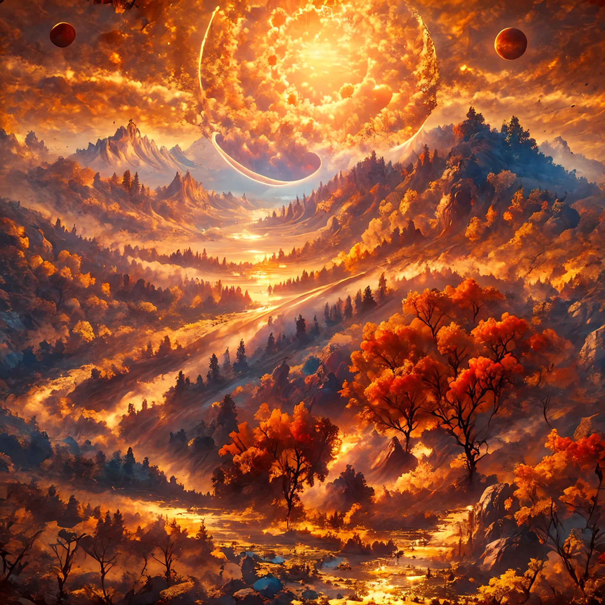 masterpiece, best quality, earth \(planet\), devine lights, red sun, golden mountains and forests and valleys