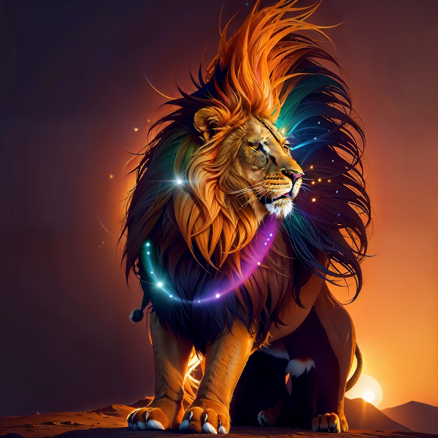 A majestic and majestic lion, His golden mane floating in the wind with overcast sky with beam of light illuminated the lion. From a distance, The setting sun paints the sky in shades of fiery orange and deep purple, casting a warm and welcoming glow on the African landscape.